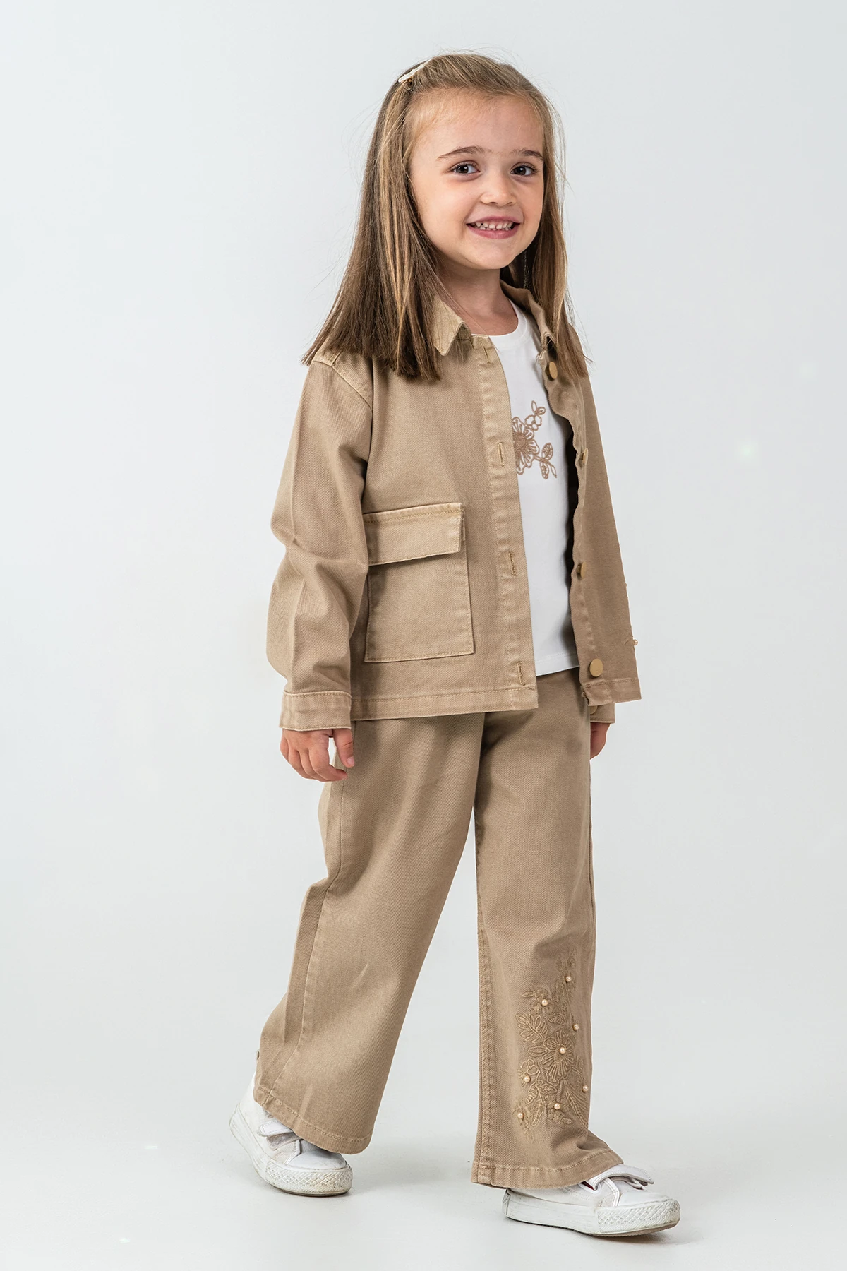 İncili Çiçek Nakışlı Kız Çocuk 3'lü Takım - 26K 6367 - Bej