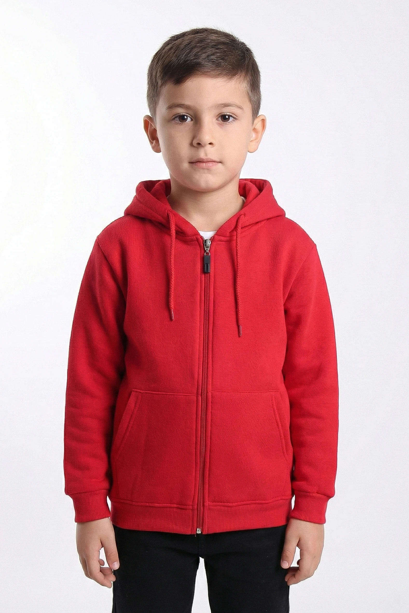 Basic Düz Kapüşonlu Fermuarlı Çocuk Sweatshirt - 2544 - Kırmızı