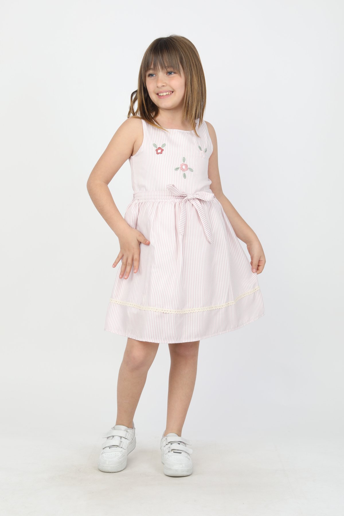 ÇİZGİLİ ÇİÇEK NAKIŞLI ASKILI KIZ ÇOCUK ELBİSE 7256