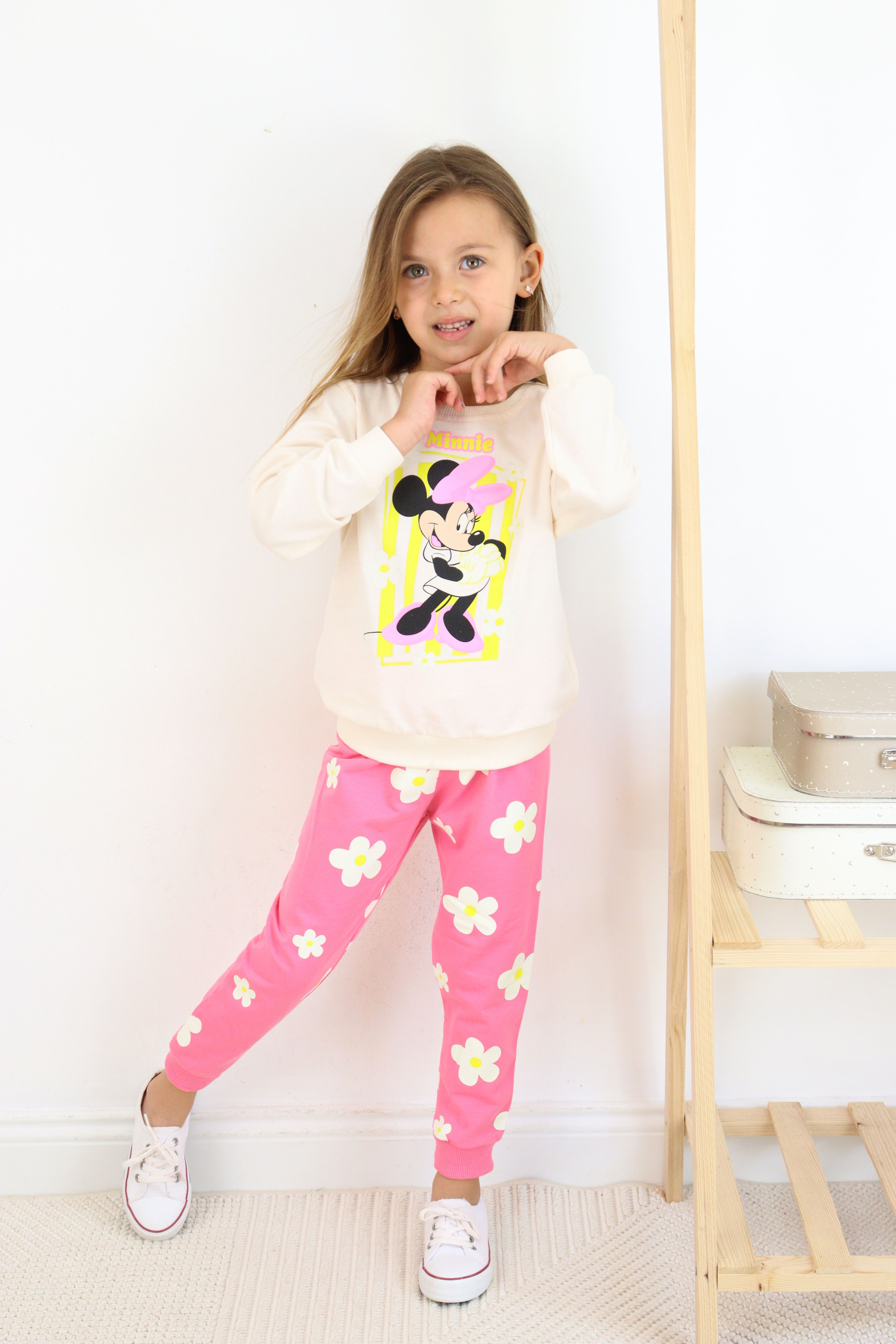 ZRA-0271-0272 Kurdelalı Minnie Mouse Baskılı Alt Üst Takım - Pembe