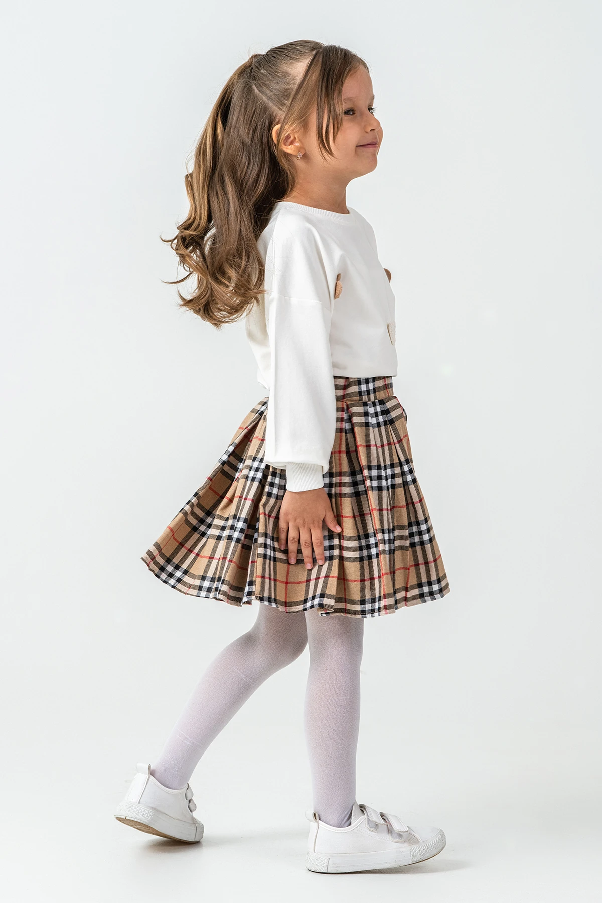 Kareli Etekli Kız Çocuk 3'lü Takım - 26K 6359 - Bej