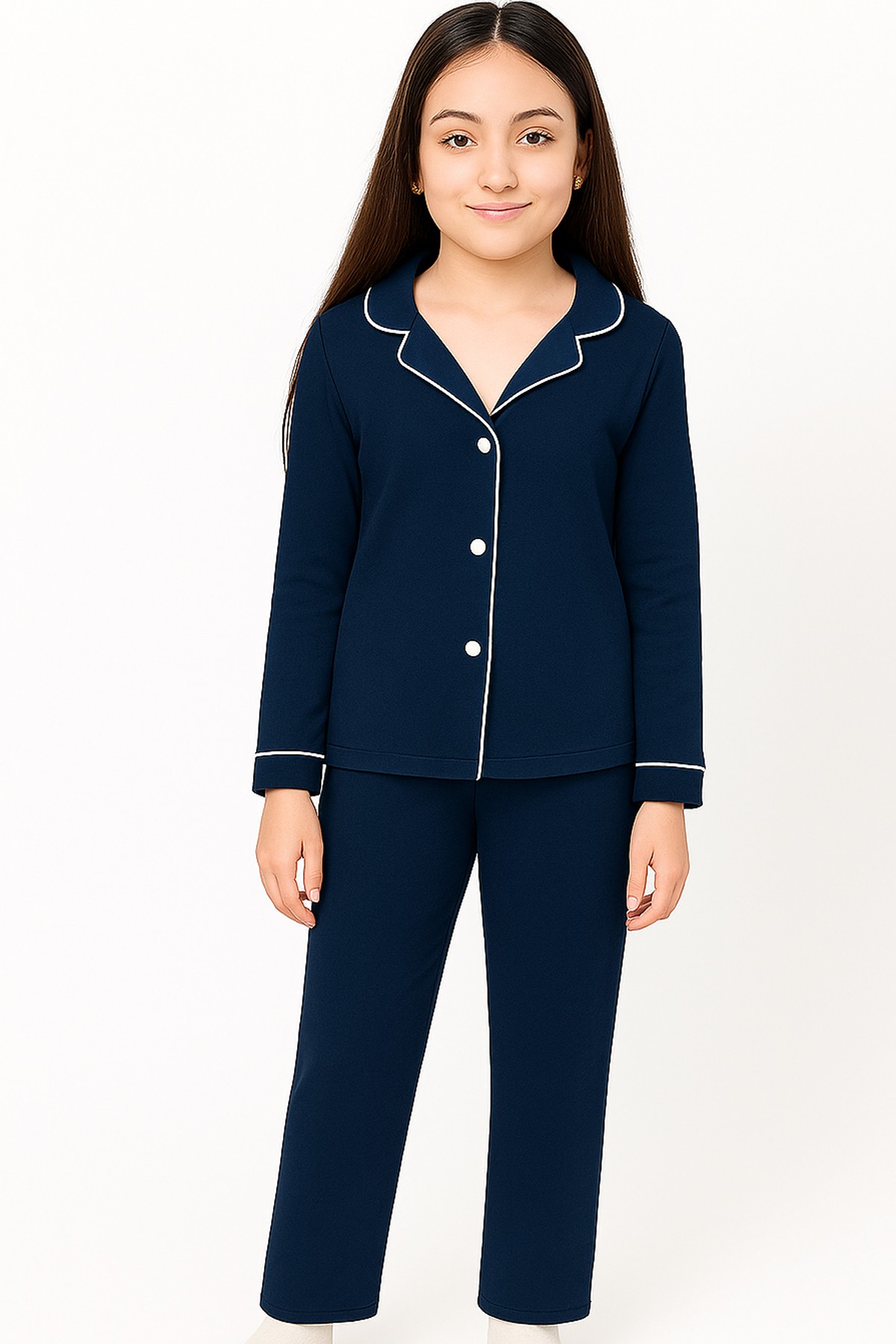 Kız Çocuk Pamuklu Düğmeli Uzun Kollu Pijama Takımı - 1507 -1508 - Lacivert