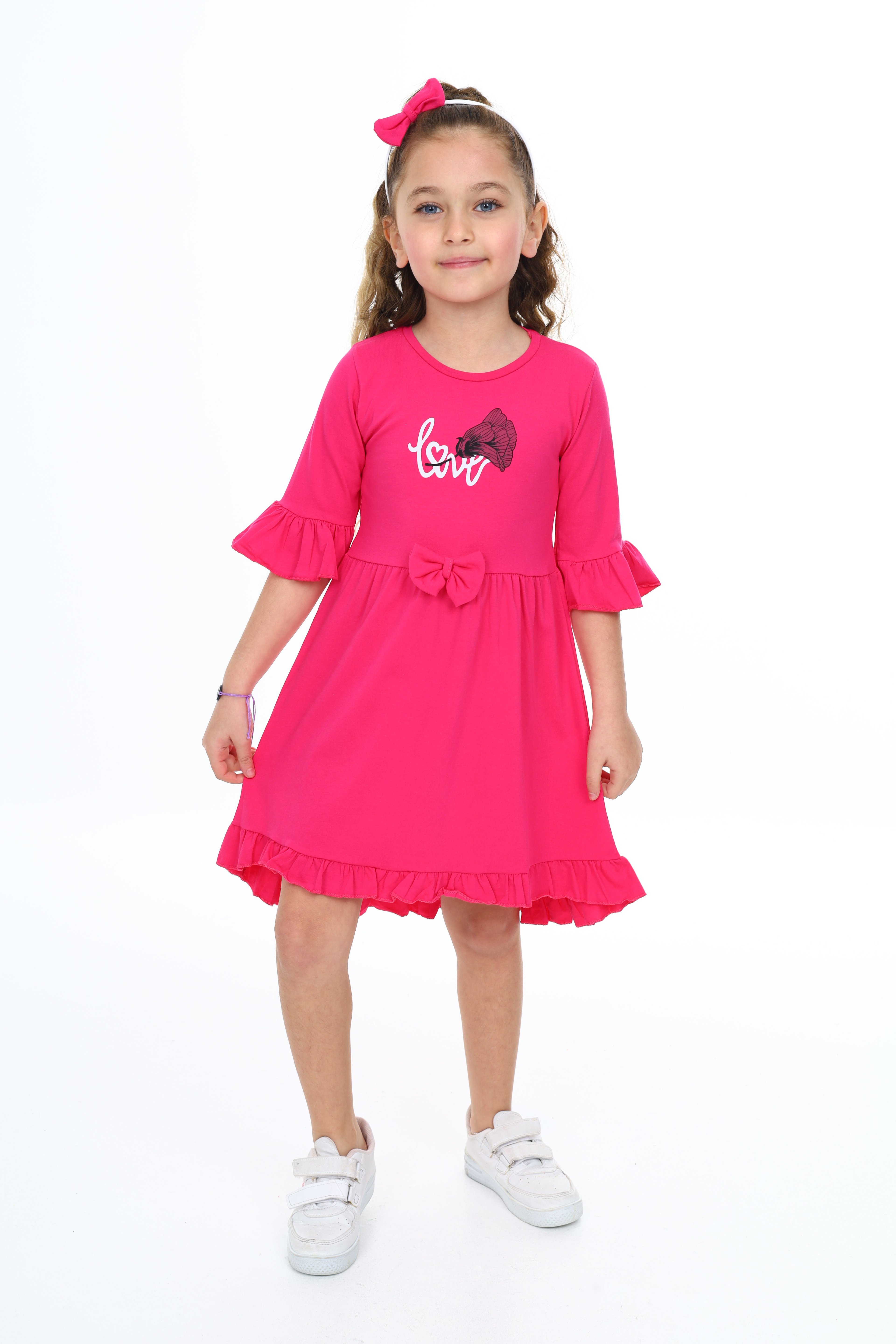 LOVE GÜL BASKILI FİYONKLU ELBİSE 235980 - Fuşya
