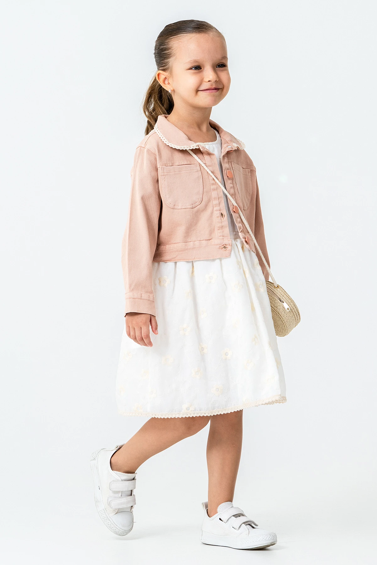 Hasır Çantalı Nakışlı Kız Çocuk 3'lü Takım - 26K 7265