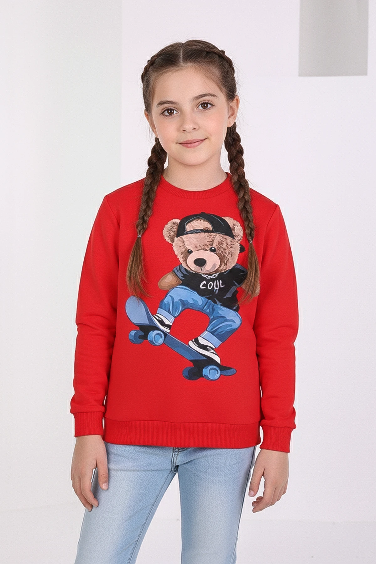 Ayıcık Baskılı Kalın Çocuk Sweatshirt - 26K 1625 - Kırmızı