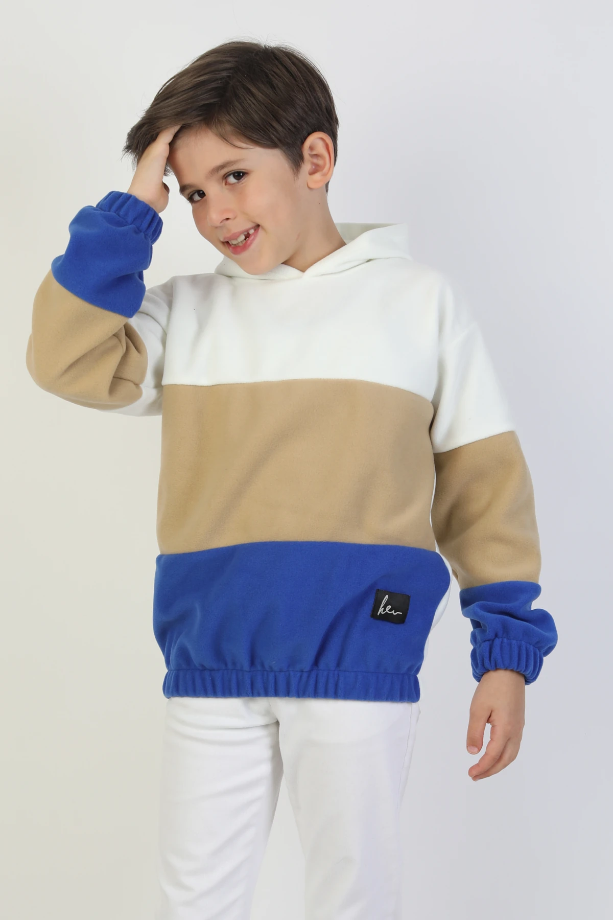 Kapüşonlu Lastikli Çocuk Polar Sweatshirt - 26K 4491 - Beyaz Krem