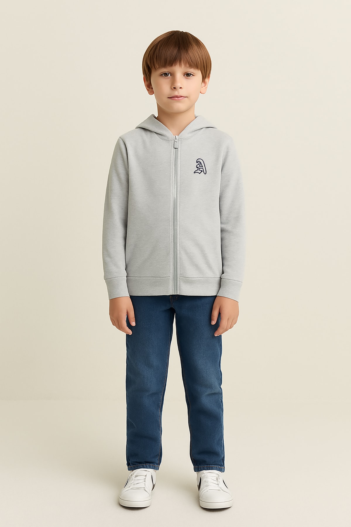Şardonlu Kapüşonlu Çocuk Okul Sweatshirt A Nakışlı - 602202 - Gri