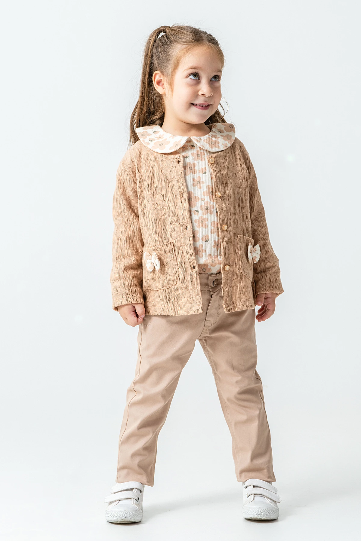 Fiyonk Cep Detaylı Kız Çocuk 3'lü Takım - 26K 4497 - Bej
