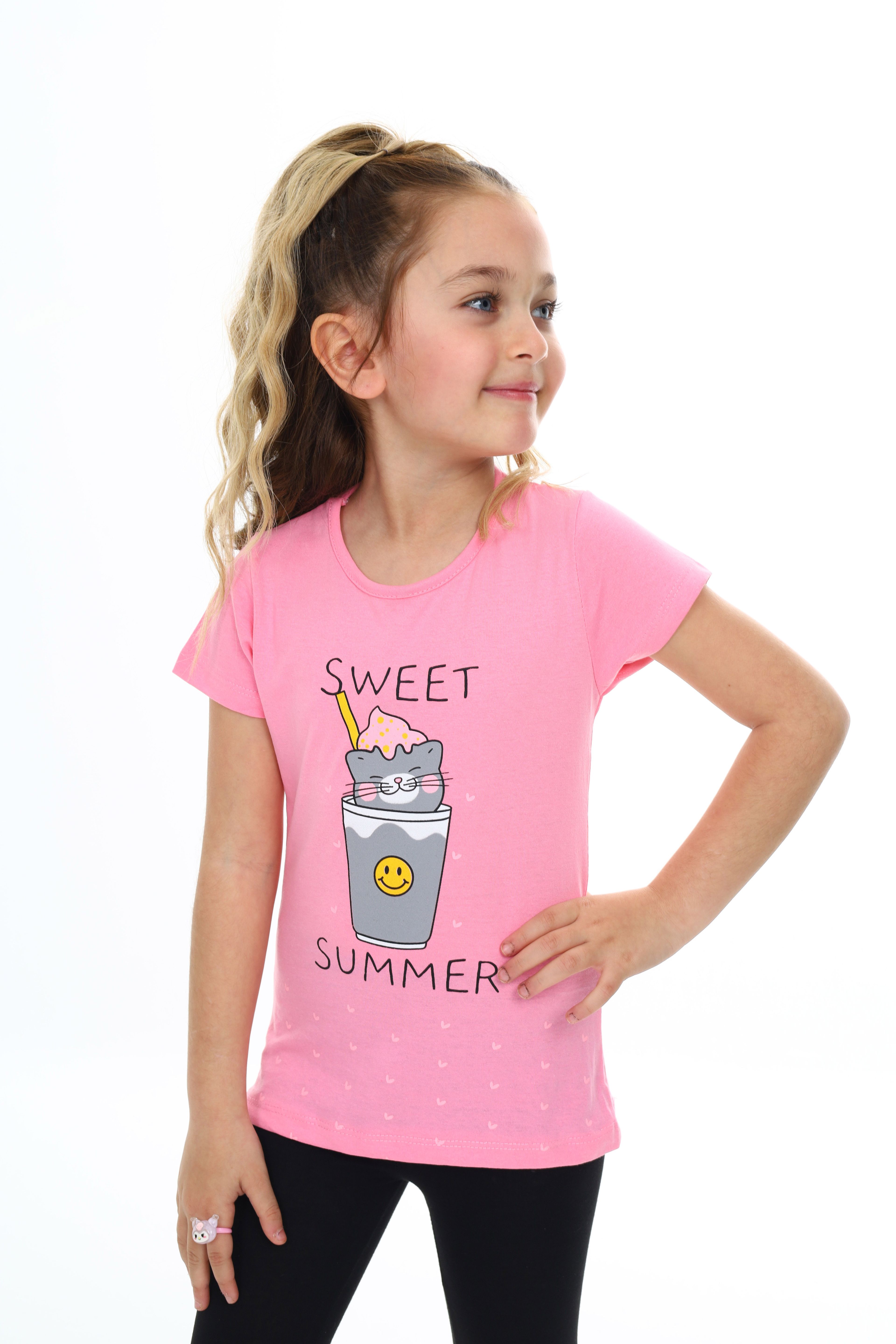 Kız Çocuk Tişört Sweet Summer Yazılı - Pembe