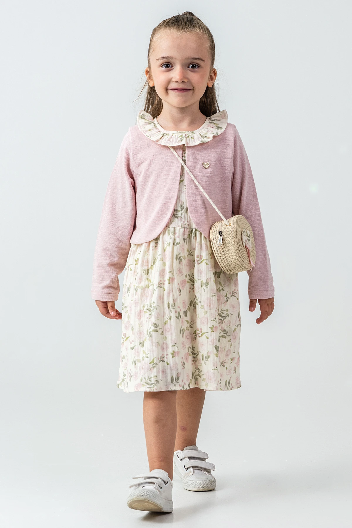 Gül Detaylı Hırkalı Kız Çocuk 3'lü Takım - 26K 7271 - Pembe