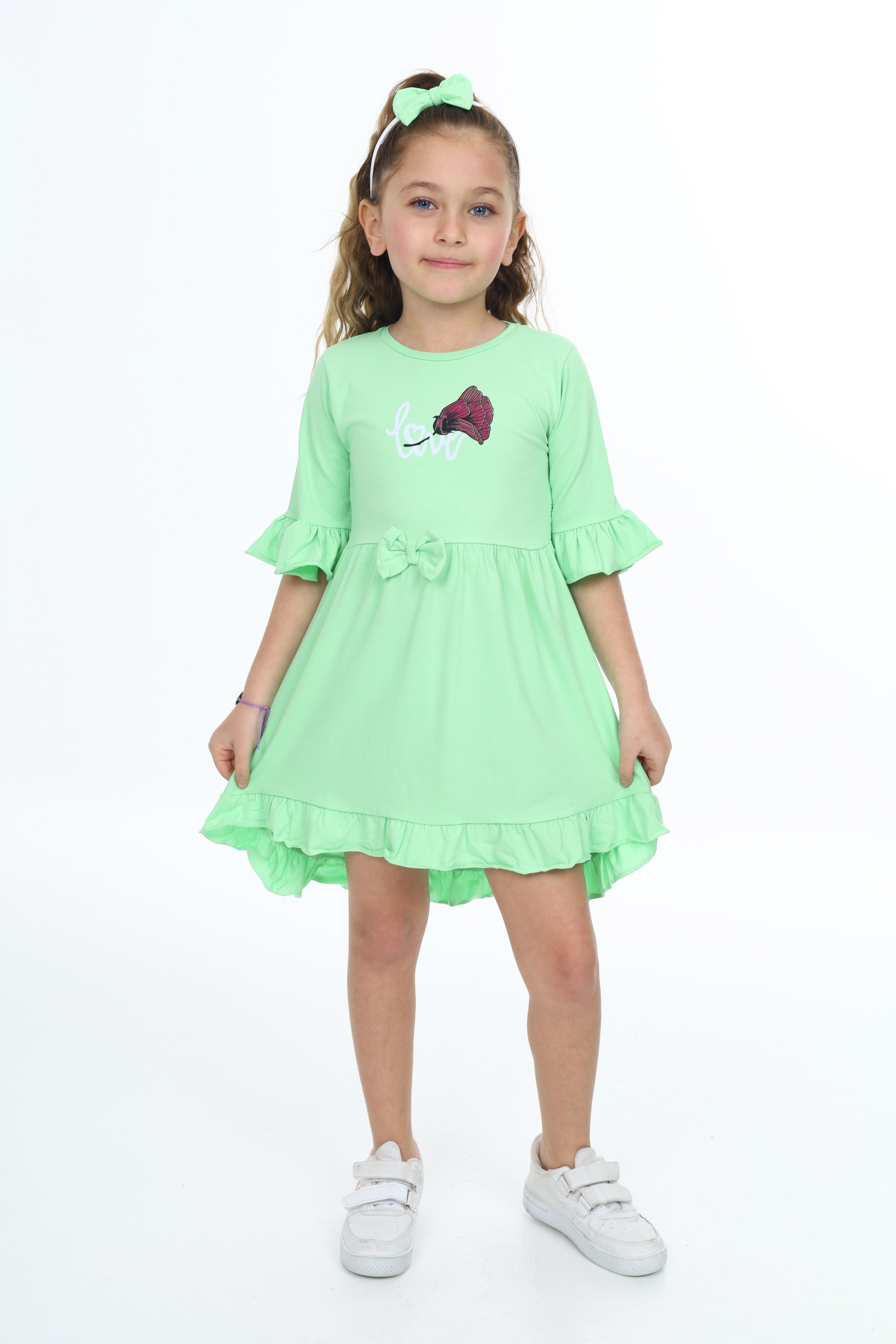 LOVE GÜL BASKILI FİYONKLU ELBİSE 235980 - Yeşil