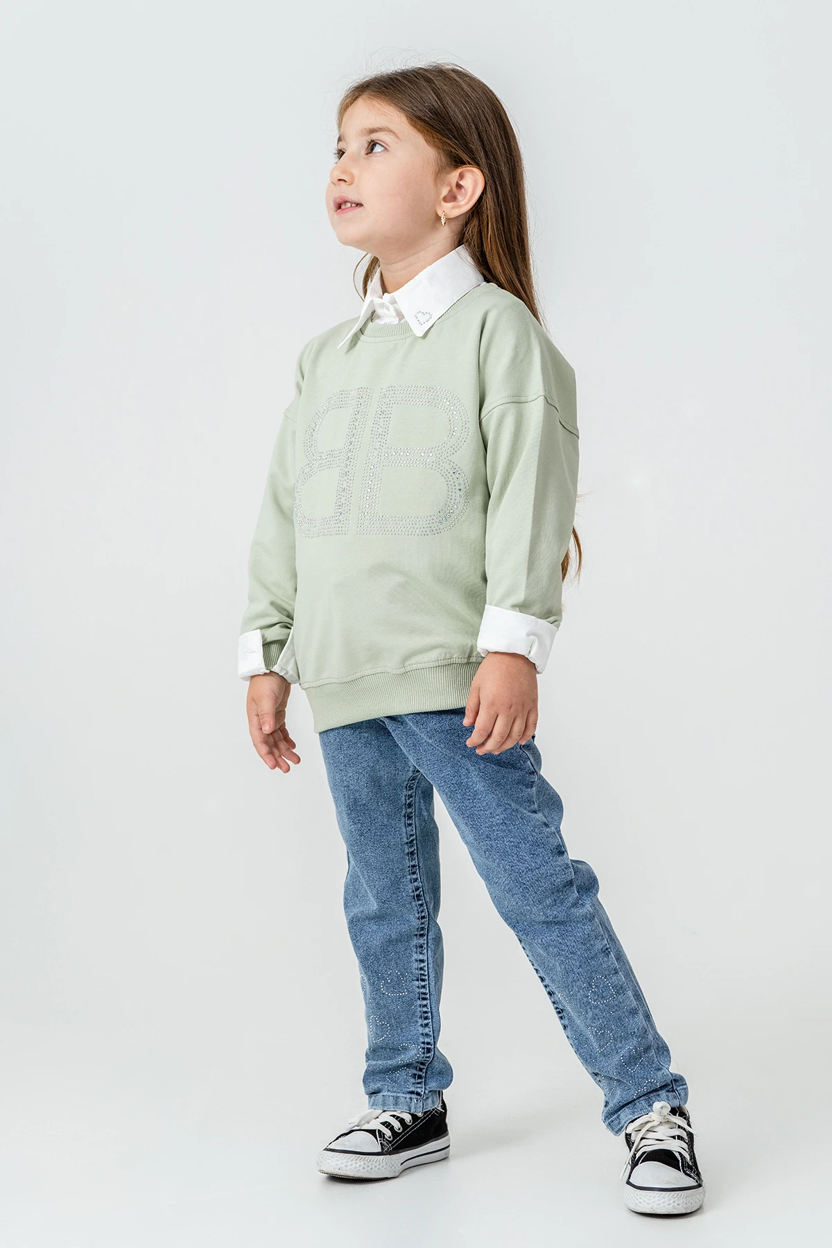 BB Taşlı Sweatshirt Kız Çocuk 3'lü Takım - 26K 6333 - Yeşil