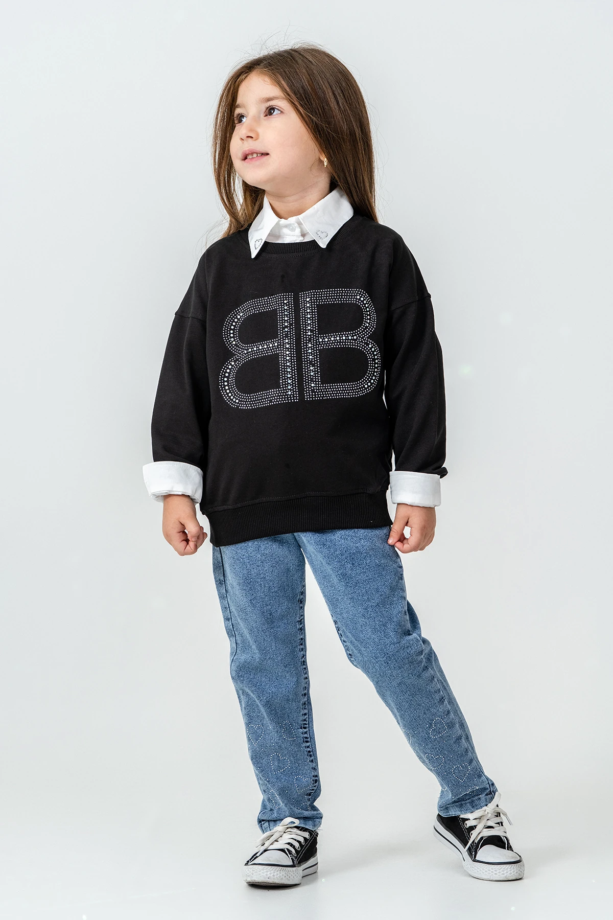 BB Taşlı Sweatshirt Kız Çocuk 3'lü Takım - 26K 6333 - Siyah
