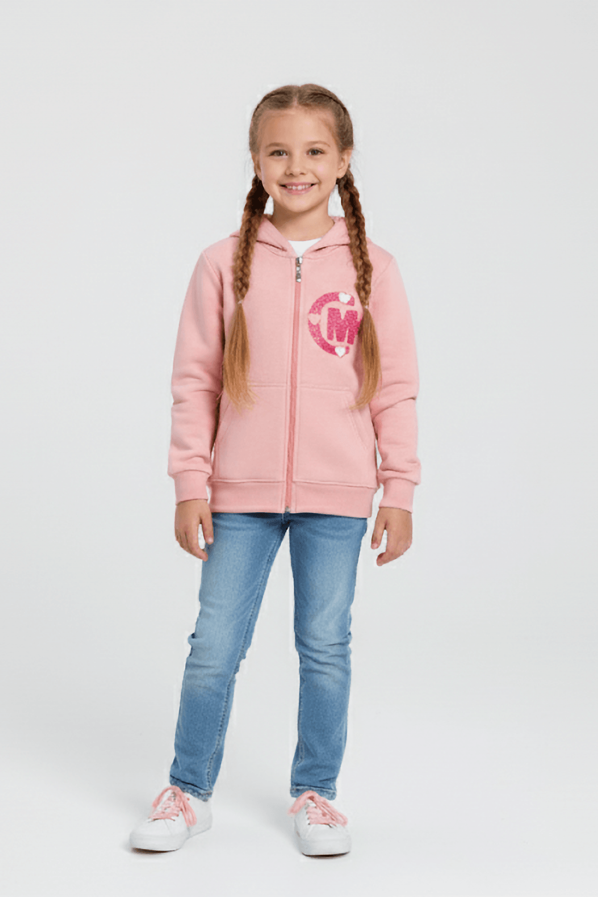 Kapüşonlu Kız Çocuk Kalın Fermuarlı Sweatshirt - Pembe