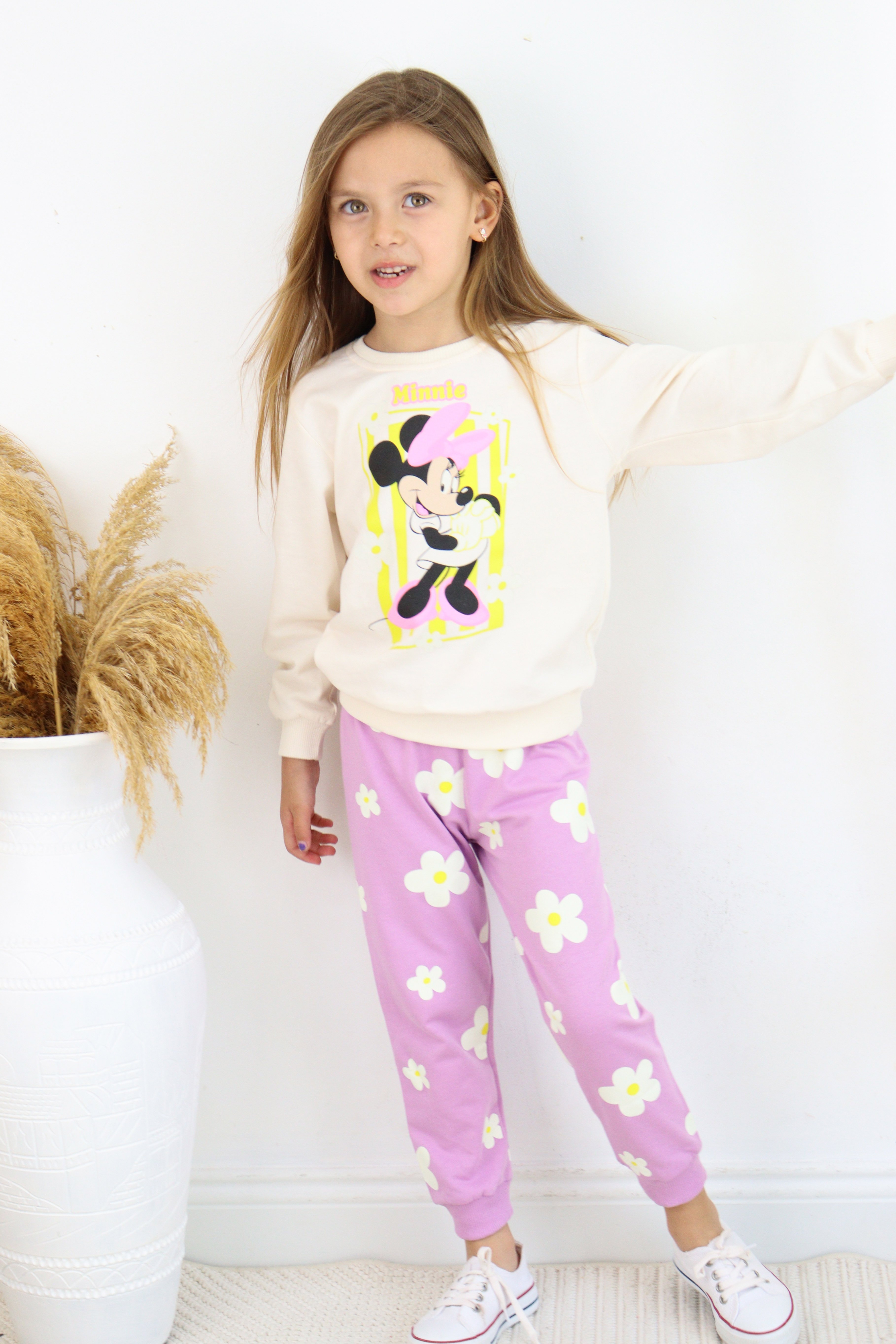 ZRA-0271-0272 Kurdelalı Minnie Mouse Baskılı Alt Üst Takım - Lila