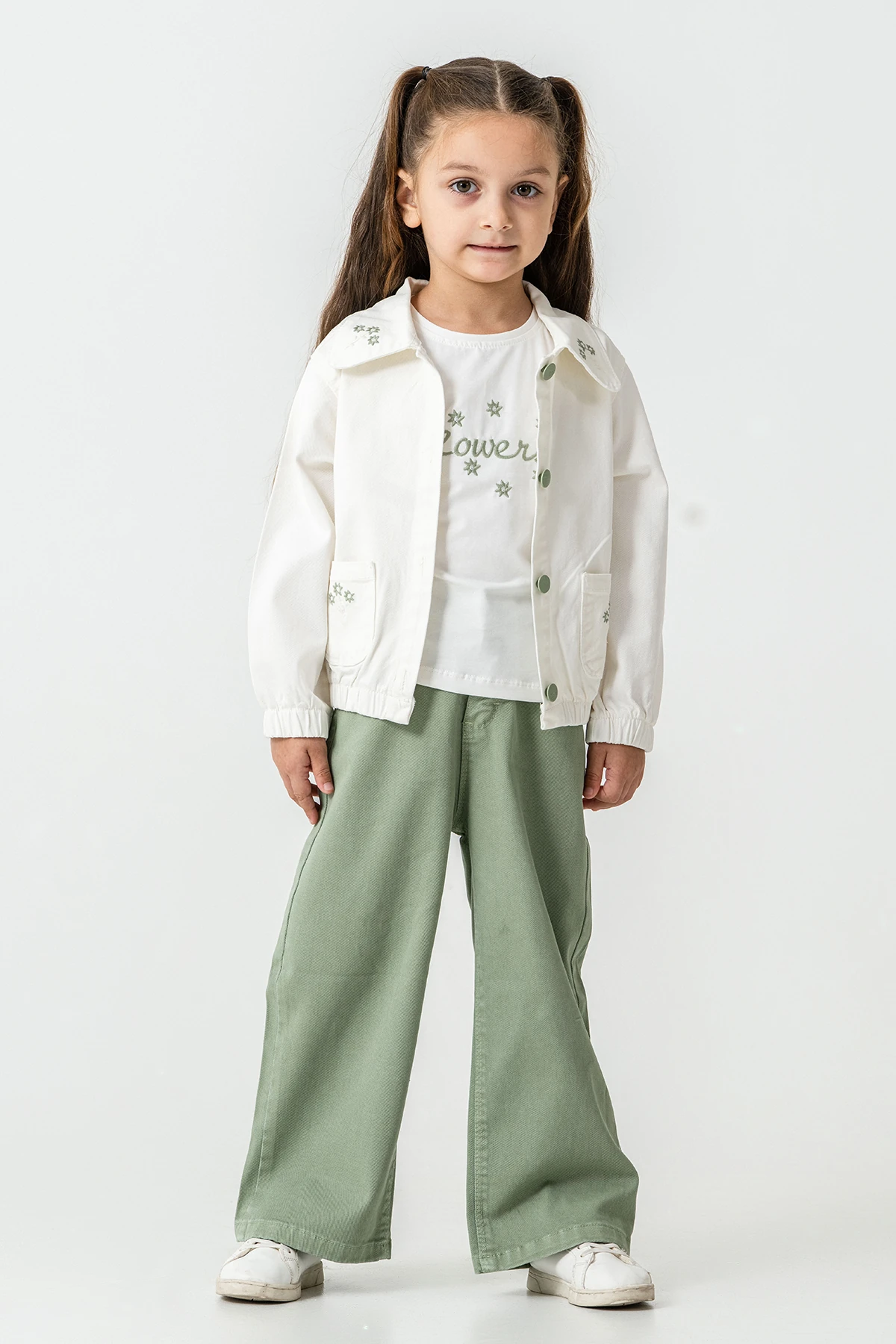 Flowers Nakışlı Kız Çocuk 3'lü Takım - 26K 6355 - Yeşil