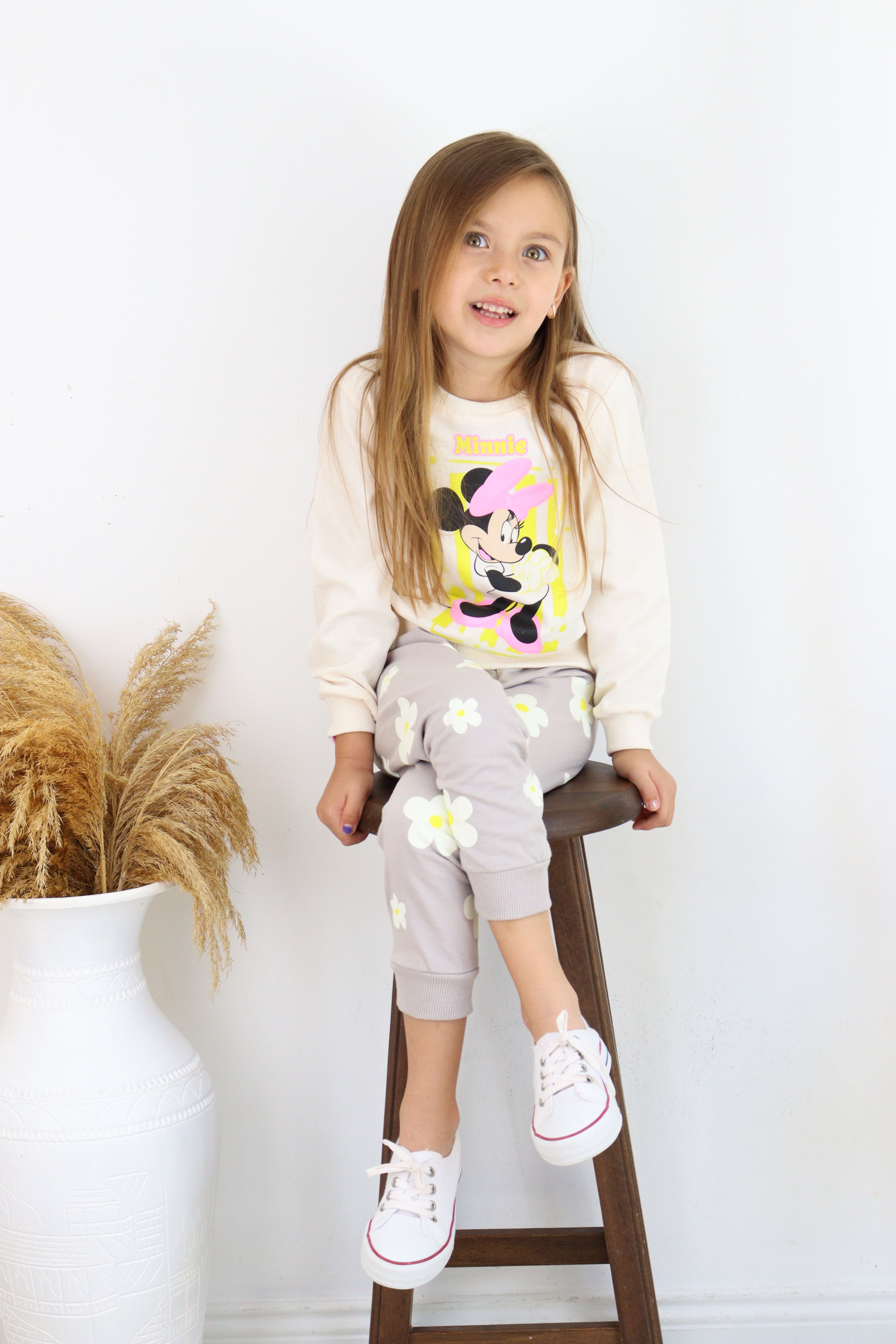 ZRA-0271-0272 Kurdelalı Minnie Mouse Baskılı Alt Üst Takım - Gri