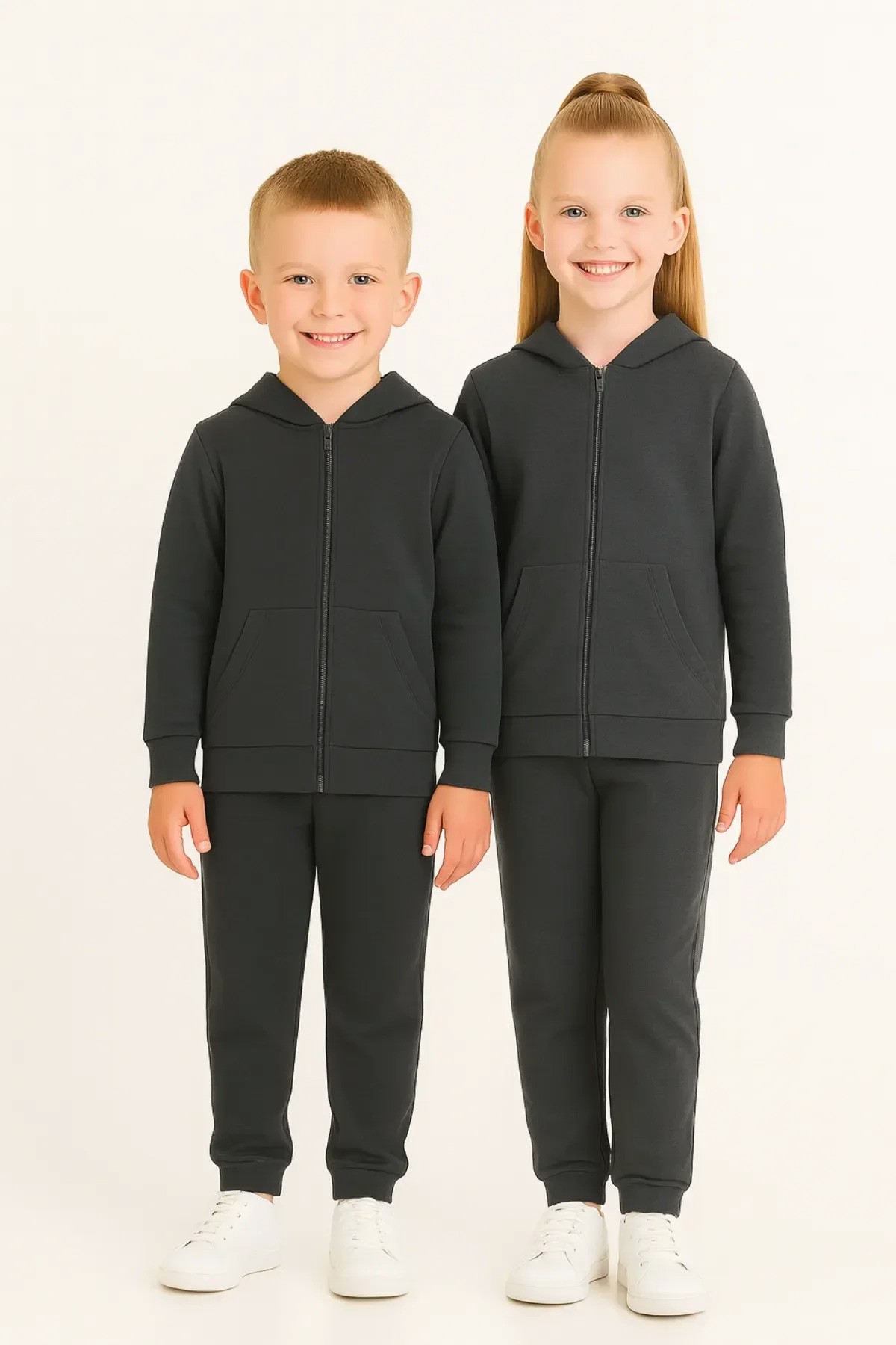Unisex Çocuk Basic Fermuarlı Kapşonlu Takım - 25002 - Antrasit