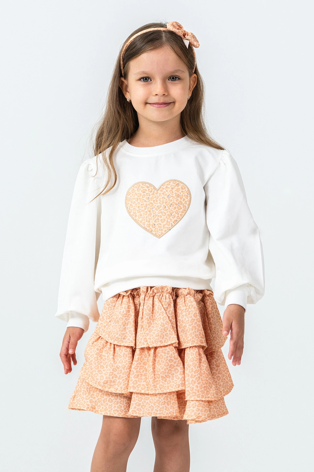 Taşlı Kalp Nakışlı Kız Çocuk 3'lü Takım - 26K 6341 - Turuncu