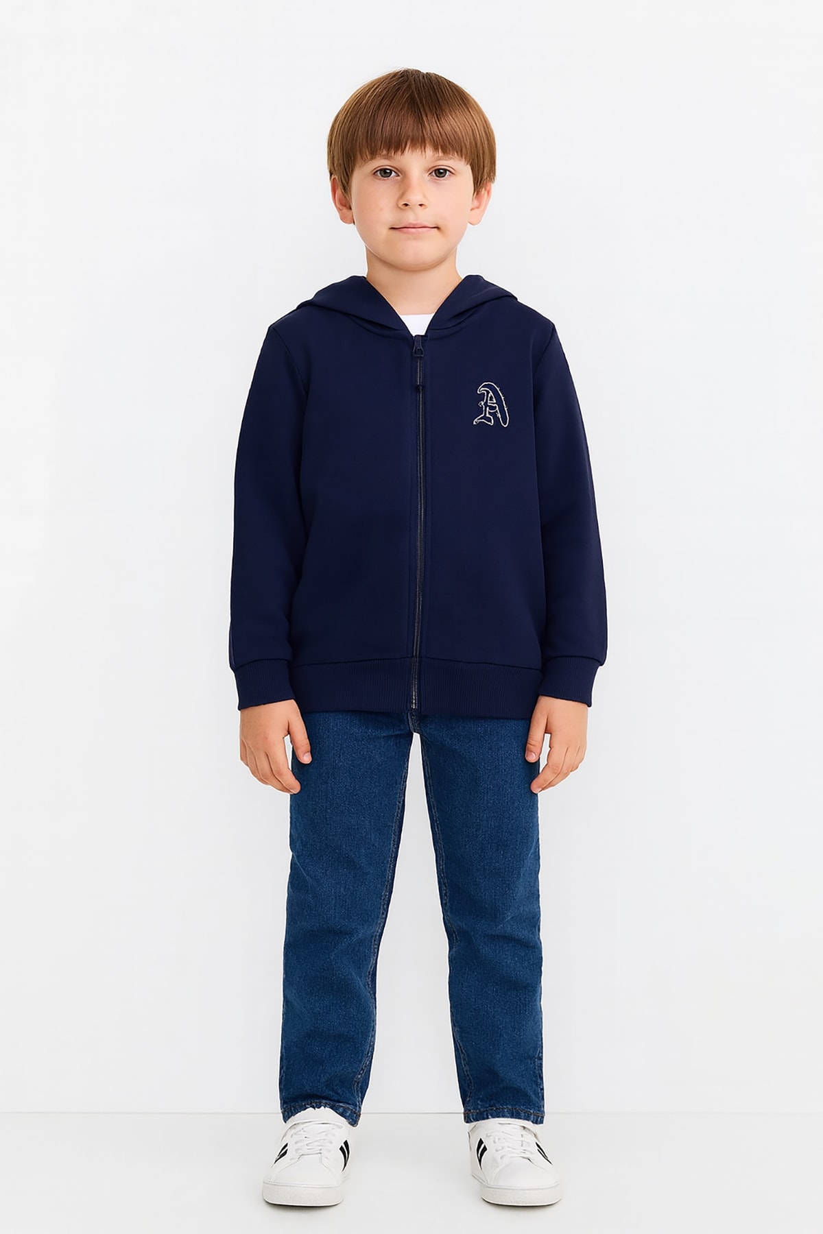 Şardonlu Kapüşonlu Çocuk Okul Sweatshirt A Nakışlı - 602202 - Lacivert