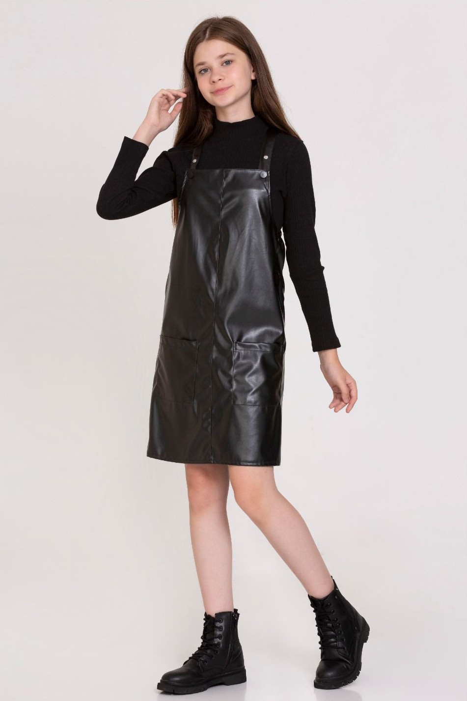 Basıc Deri Çıtçıtlı Elbise 23141 - Siyah