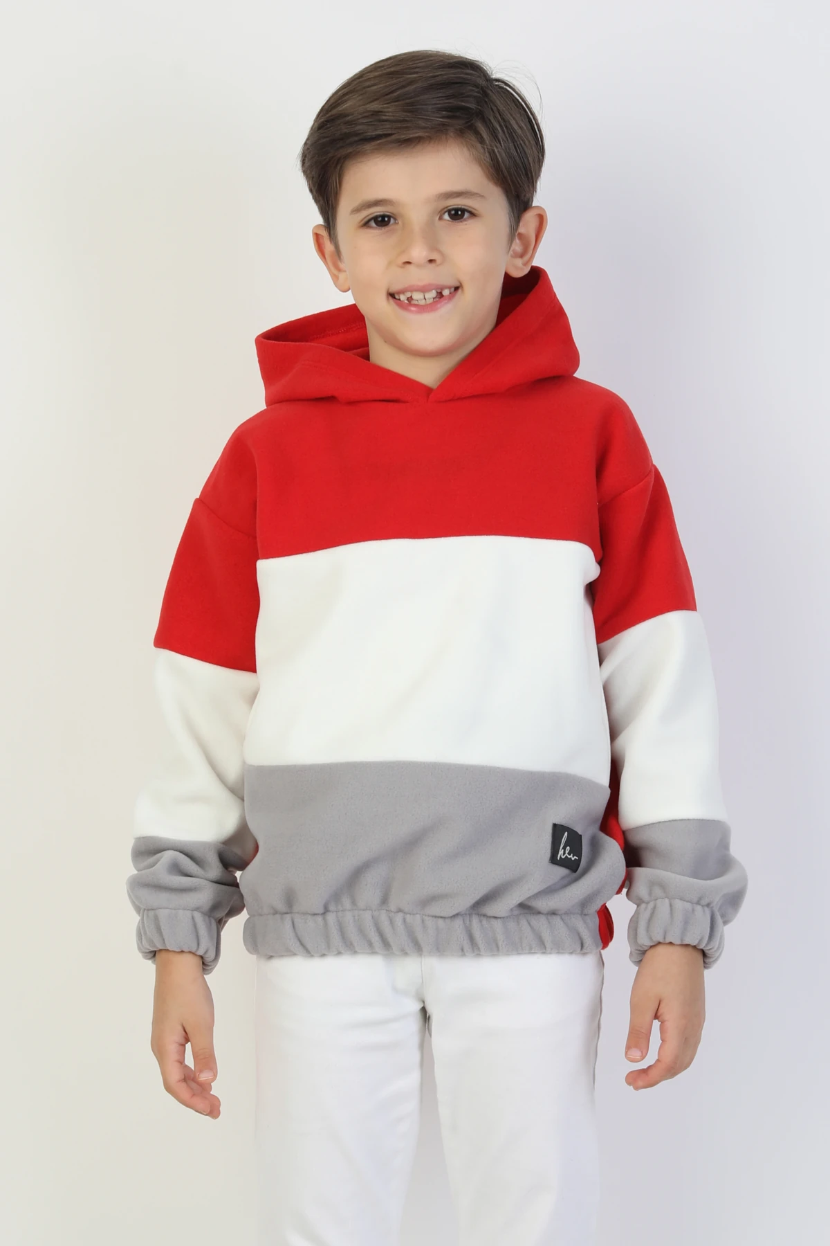 Kapüşonlu Lastikli Çocuk Polar Sweatshirt - 26K 4491 - Kırmızı Beyaz