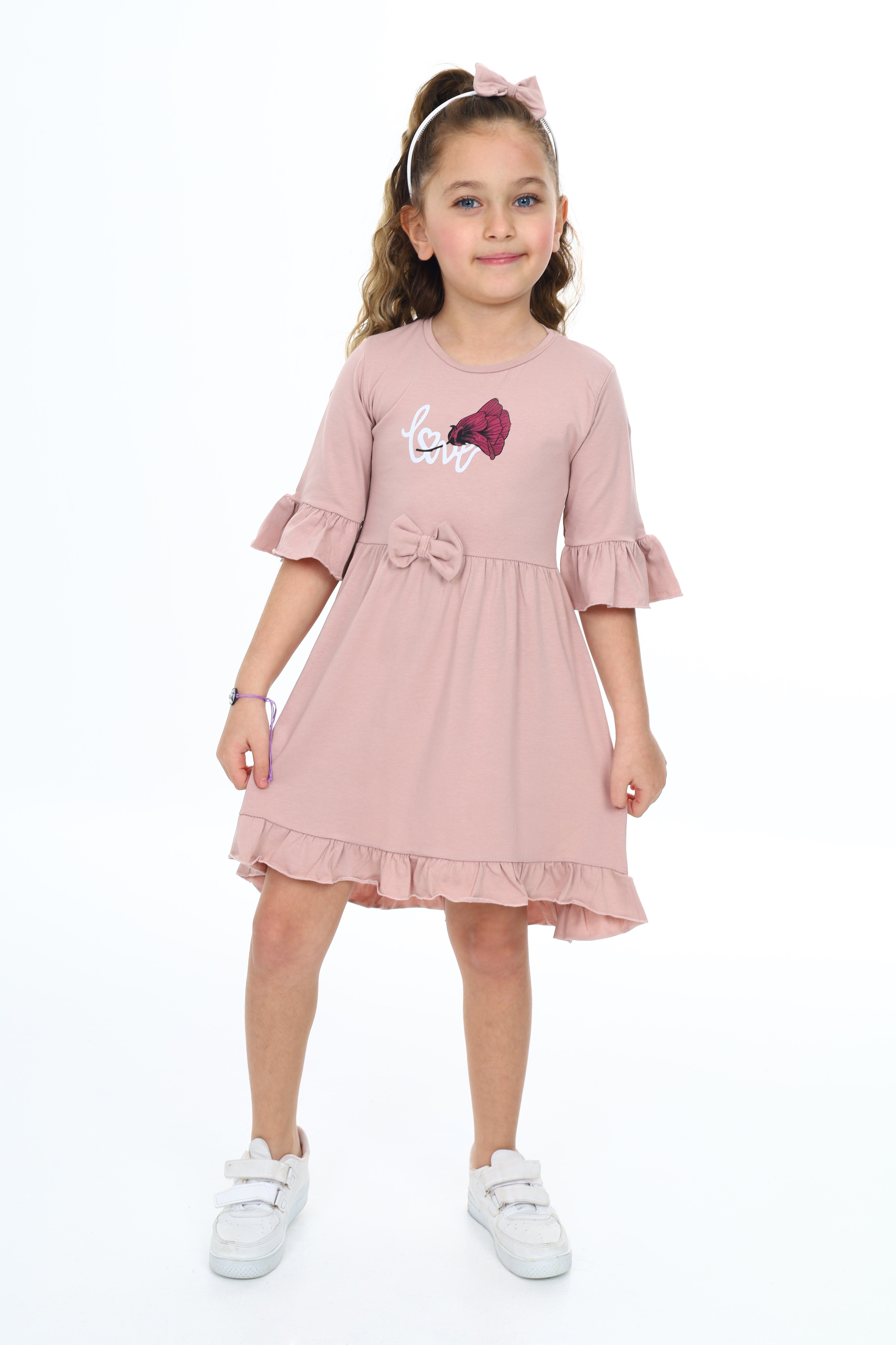 LOVE GÜL BASKILI FİYONKLU ELBİSE 235980 - Kahverengi