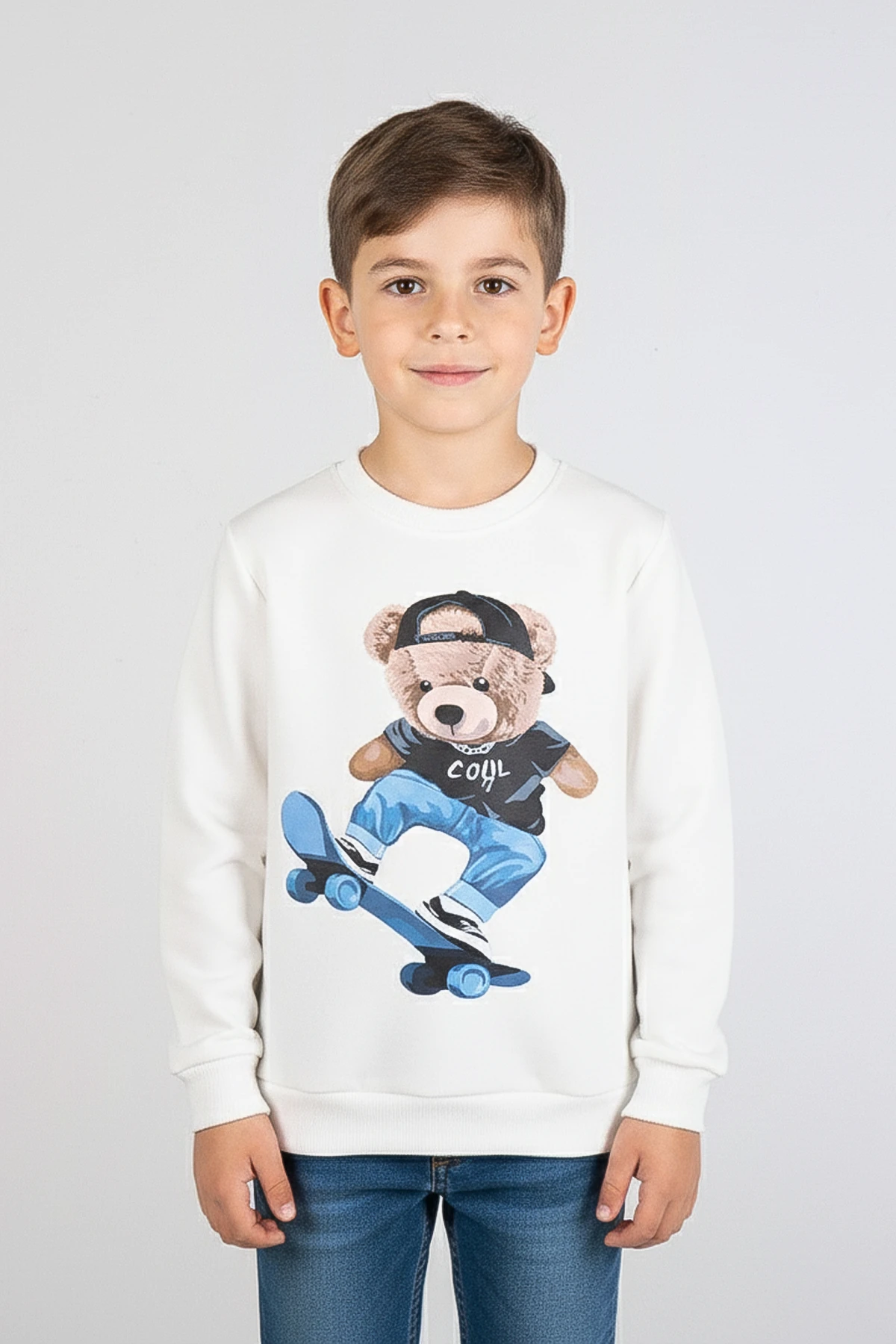 Ayıcık Baskılı Kalın Çocuk Sweatshirt - 26K 1625 - Beyaz