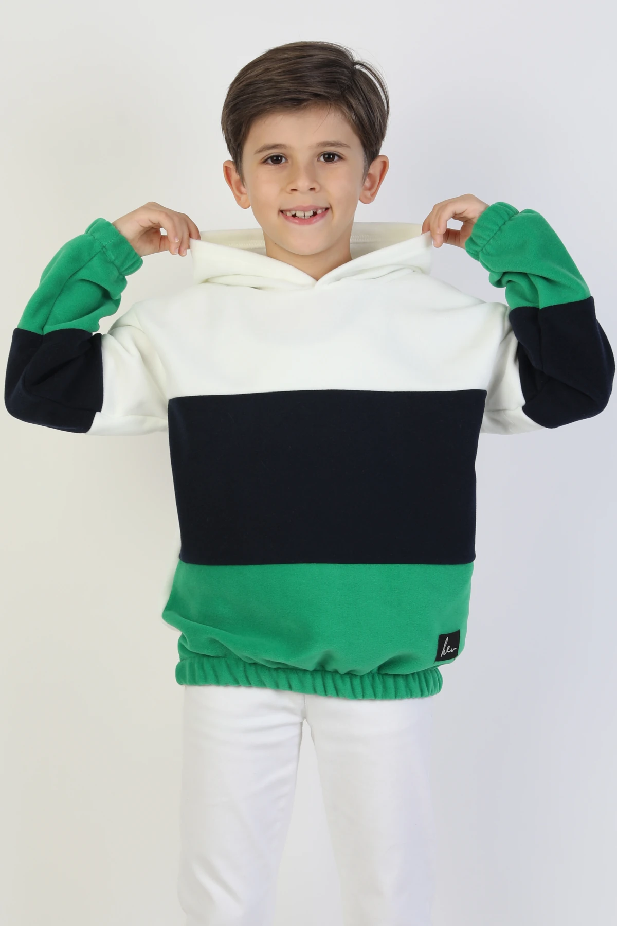 Kapüşonlu Lastikli Çocuk Polar Sweatshirt - 26K 4491 - Beyaz Lacivert