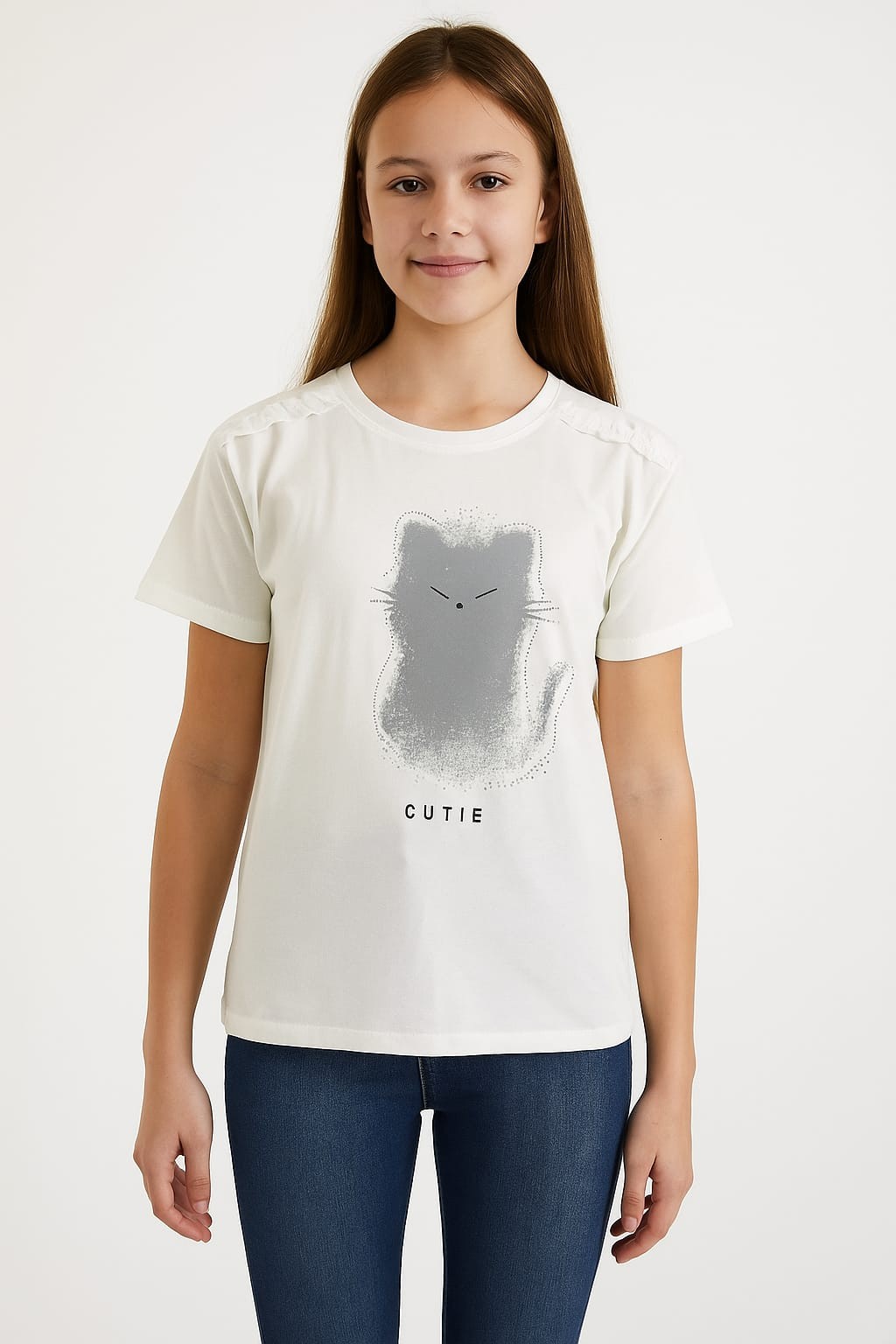 KEDİ BASKILI KISA KOLLU KIZ TİŞÖRT 3732