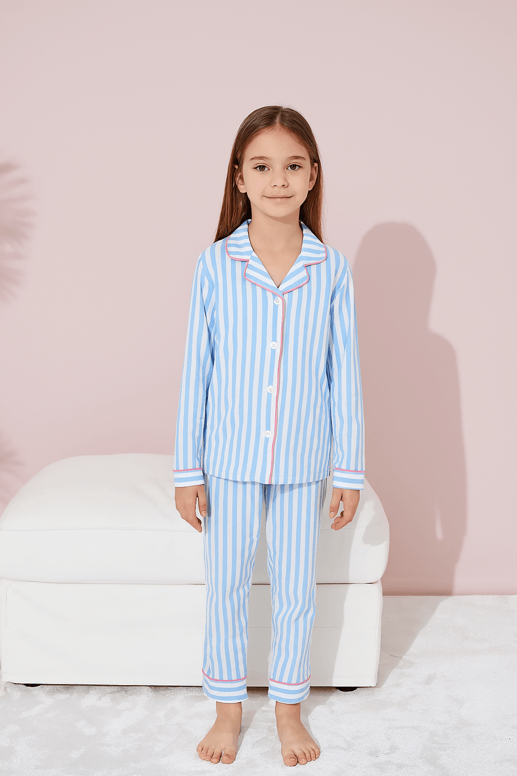 Kız Çocuk Pamuklu Düğmeli Uzun Kollu Pijama Takımı - 1507 -1508 - Mavi