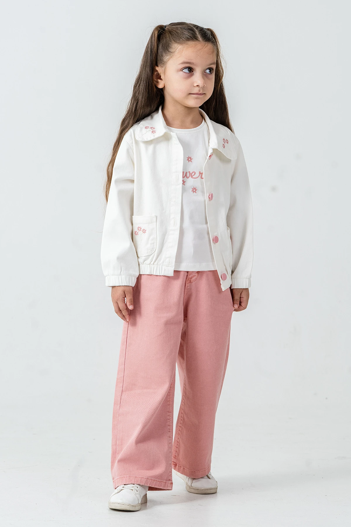 Flowers Nakışlı Kız Çocuk 3'lü Takım - 26K 6355 - Gül kurusu