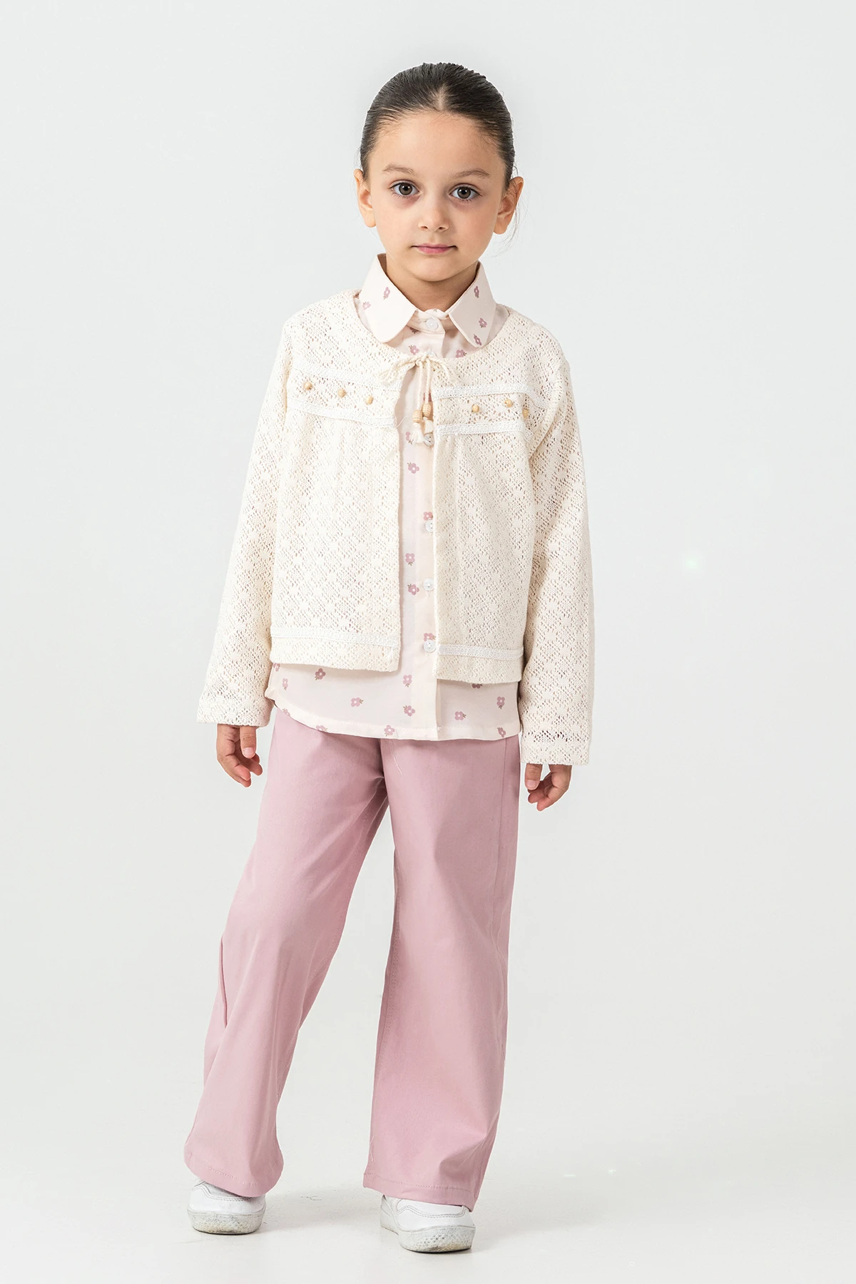 Yakası Bağlamalı Kız Çocuk 3'lü Takım - 26K 4499 - Gül kurusu
