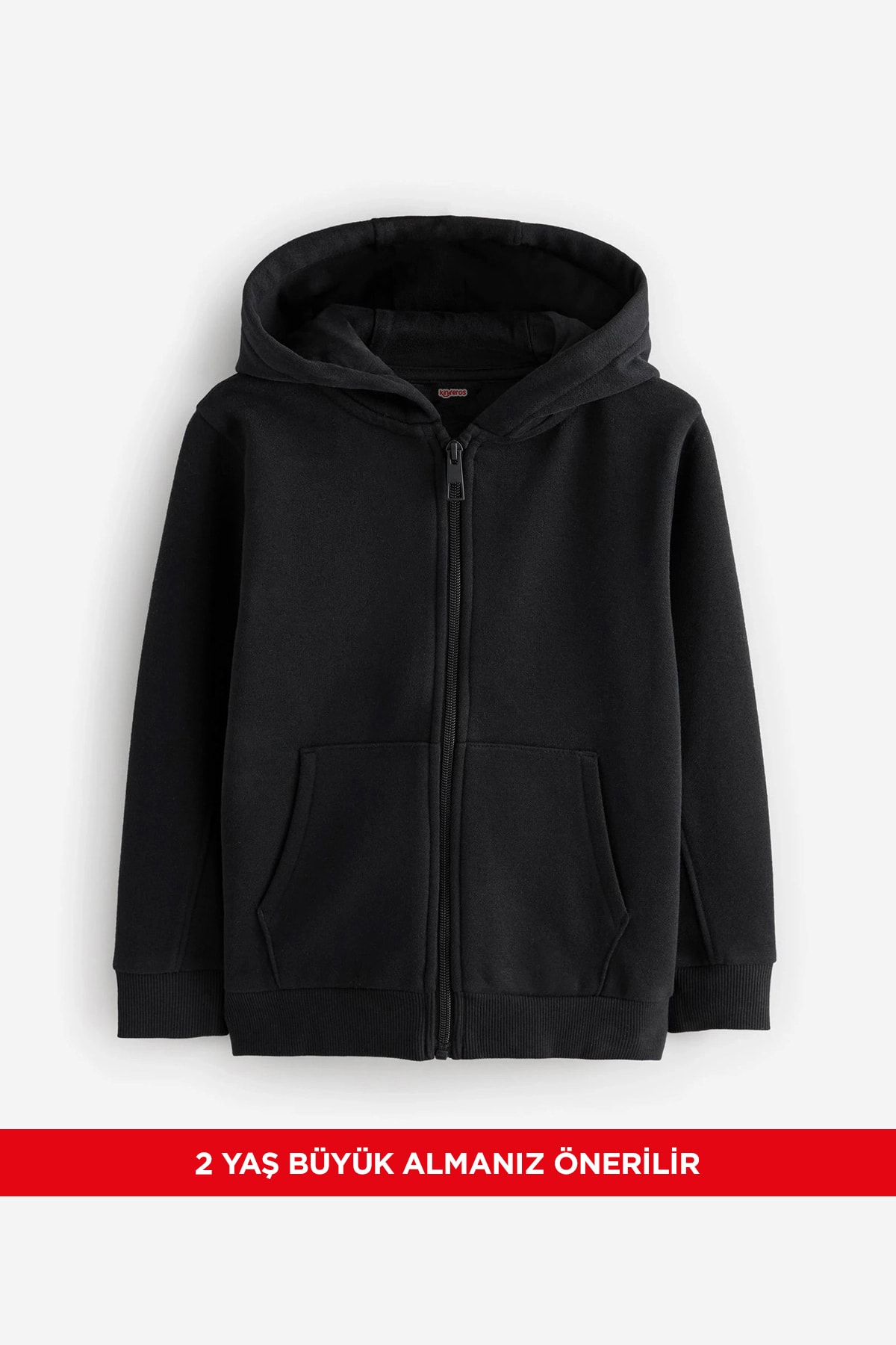 Çocuk Basic Düz Kapüşonlu Fermuarlı Sweatshirt - Siyah
