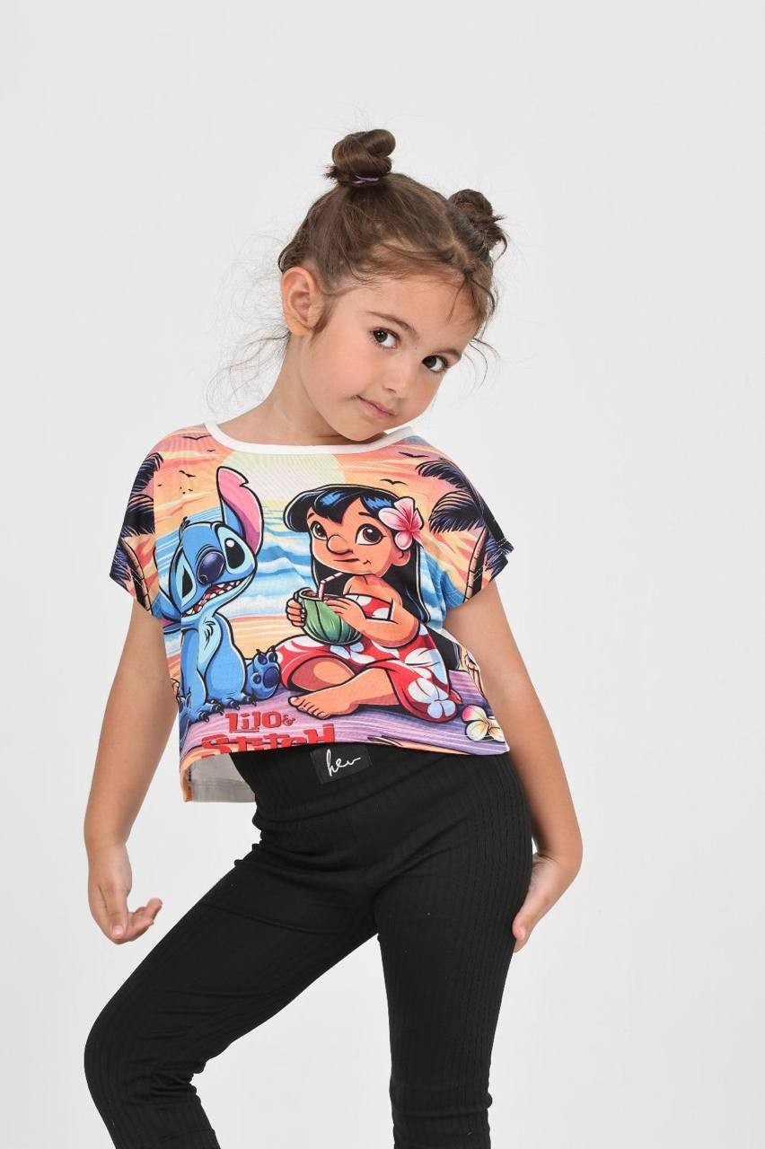 Düşük Kol Lilo Stitch Dijital Baskı Tshirt - 6632