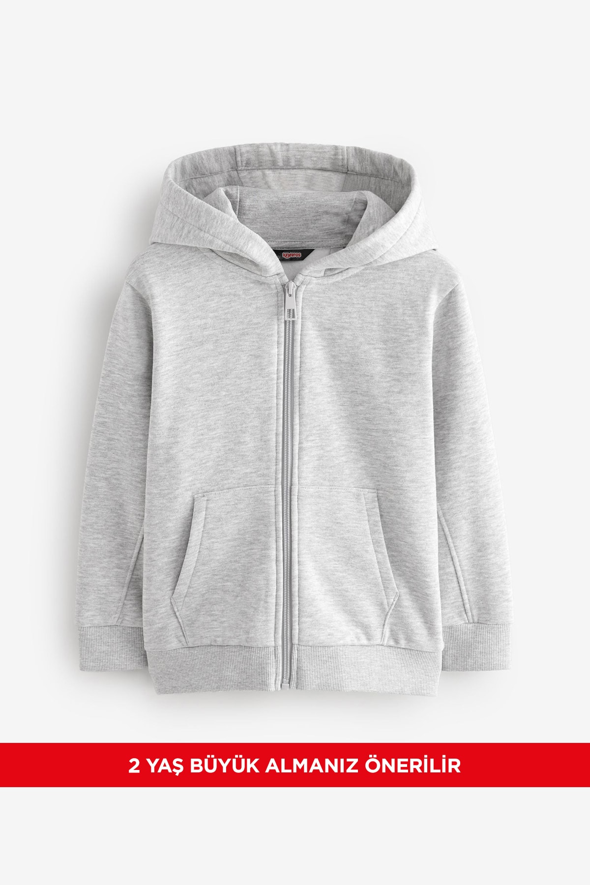 Çocuk Basic Düz Kapüşonlu Fermuarlı Sweatshirt - Gri Melanj