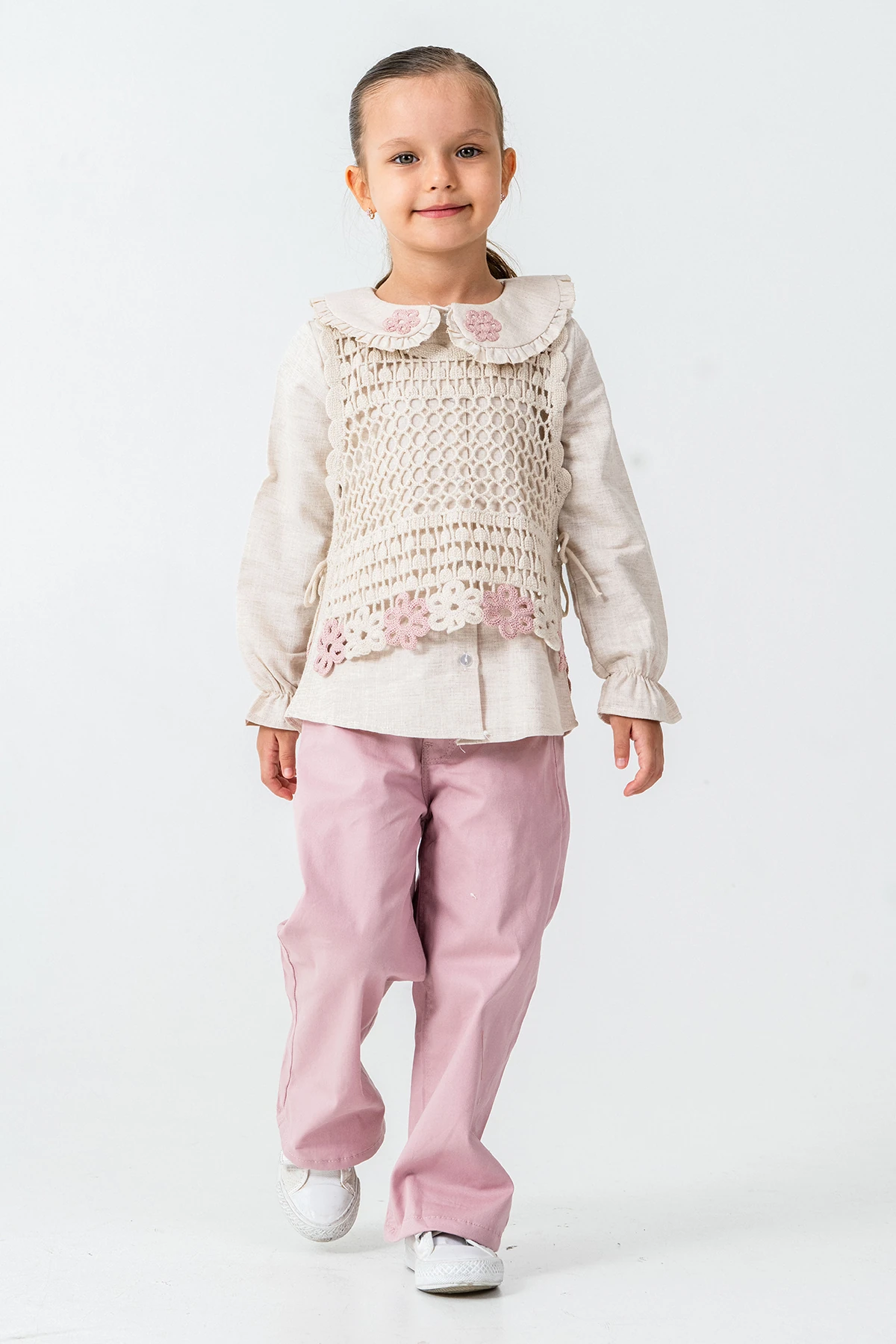 Örme Çiçek Detaylı Kız Çocuk 3'lü Takım - 26K 4479 - Gül kurusu
