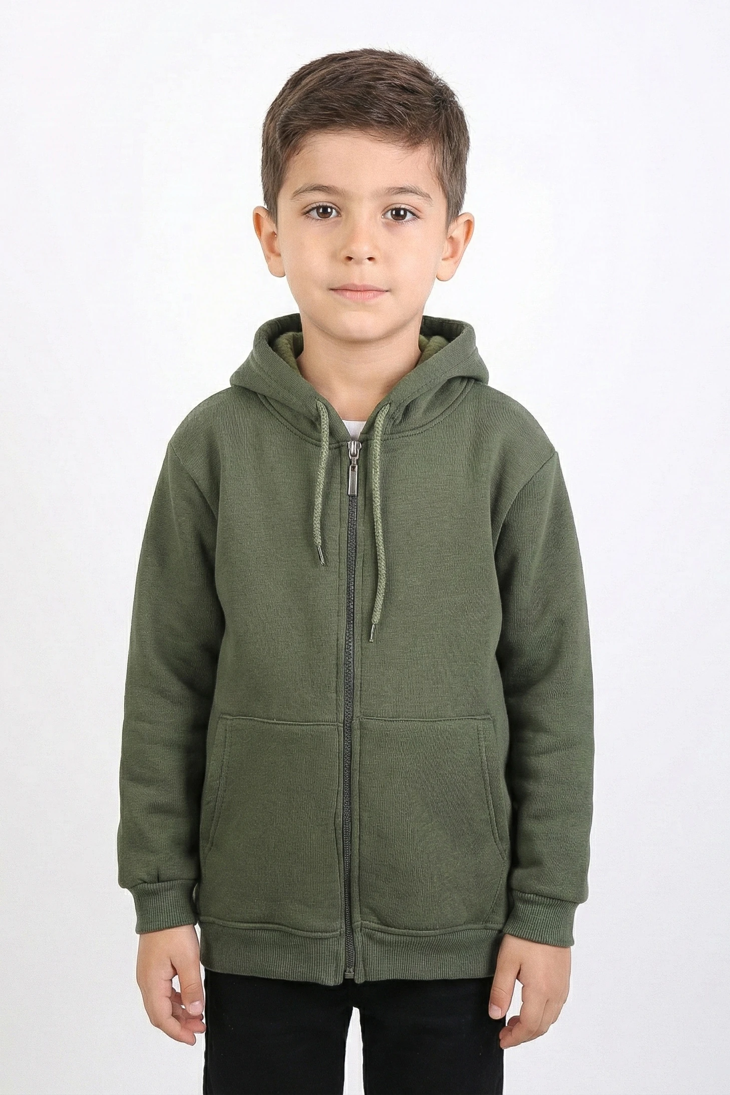 Basic Düz Kapüşonlu Fermuarlı Çocuk Sweatshirt - 2544 - Haki