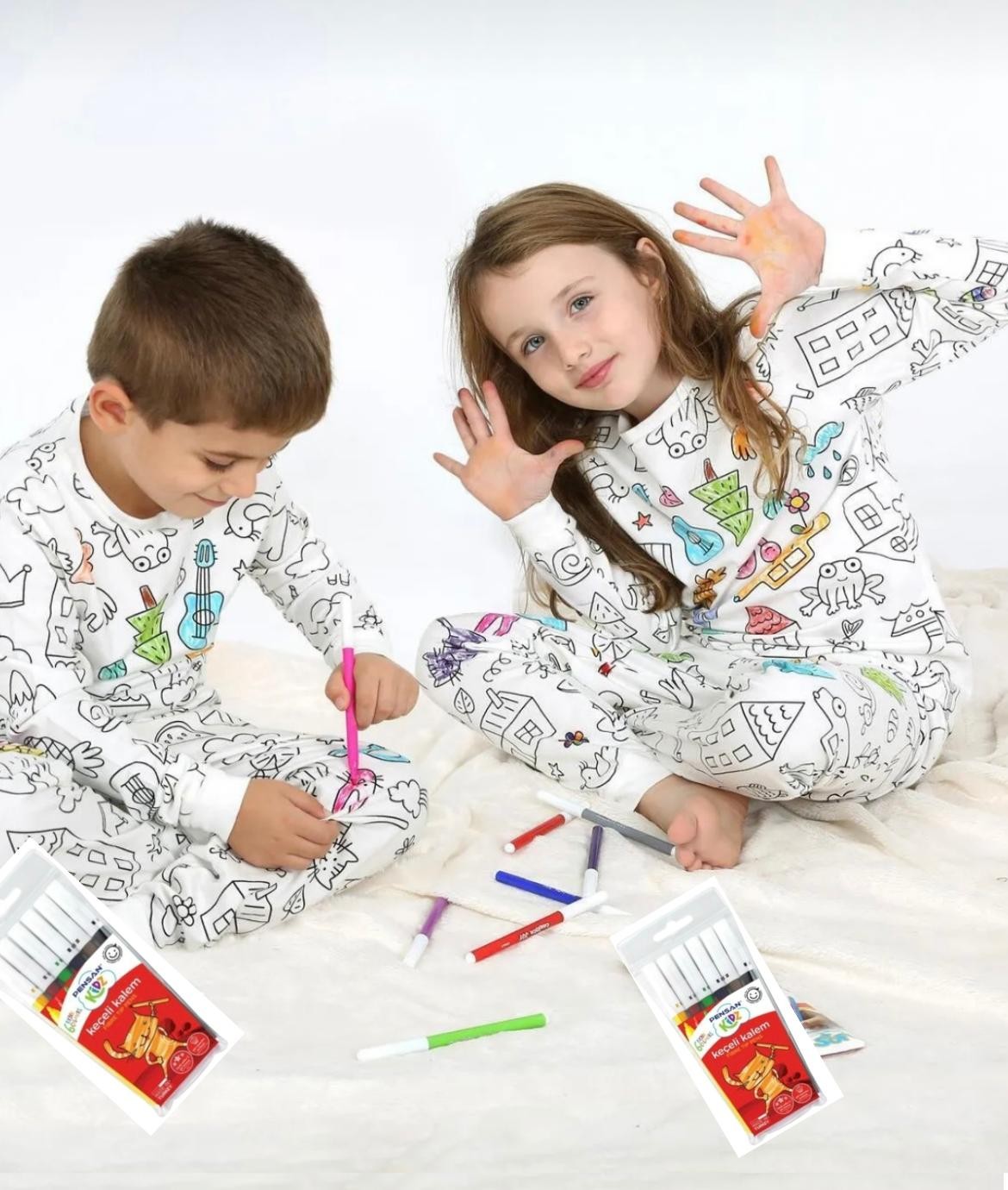 Özel Kalemli Boyanabilir Uzun Kollu Çocuk Pijama Takımı 010