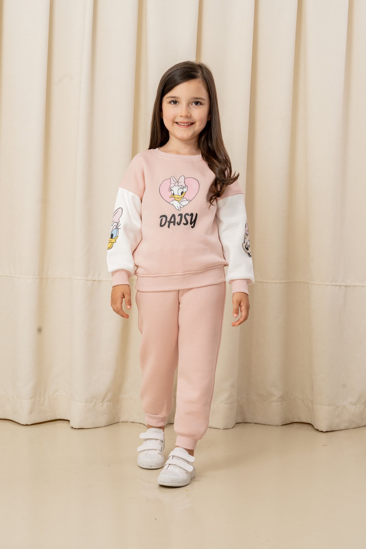 Kız Çocuk Taşlı Kalp Daisy Şardonlu 2'li Takım - 6307/6308 - Pudra