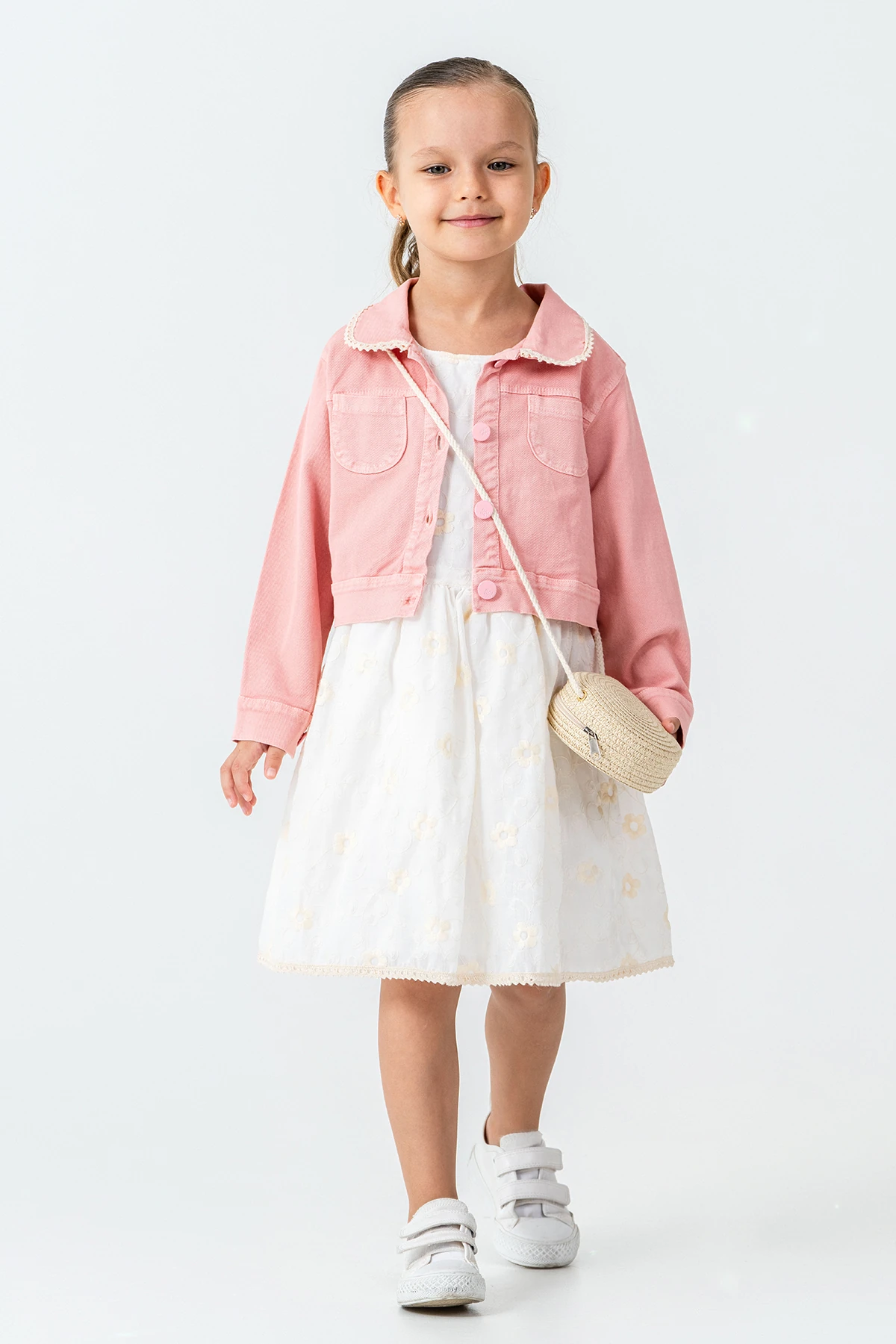 Hasır Çantalı Nakışlı Kız Çocuk 3'lü Takım - 26K 7265 - Gül kurusu