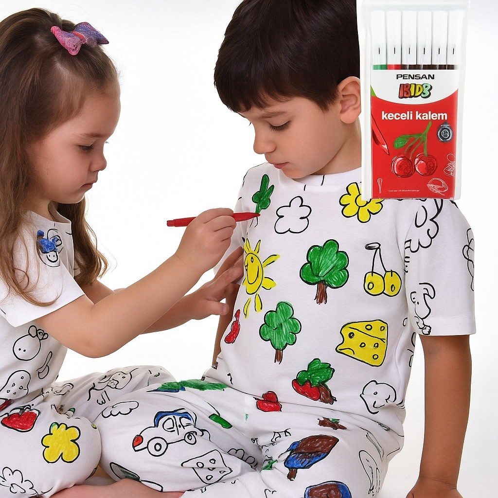 Özel Kalemli Boyanabilir Kısa Kollu Çocuk Pijama Takımı 012