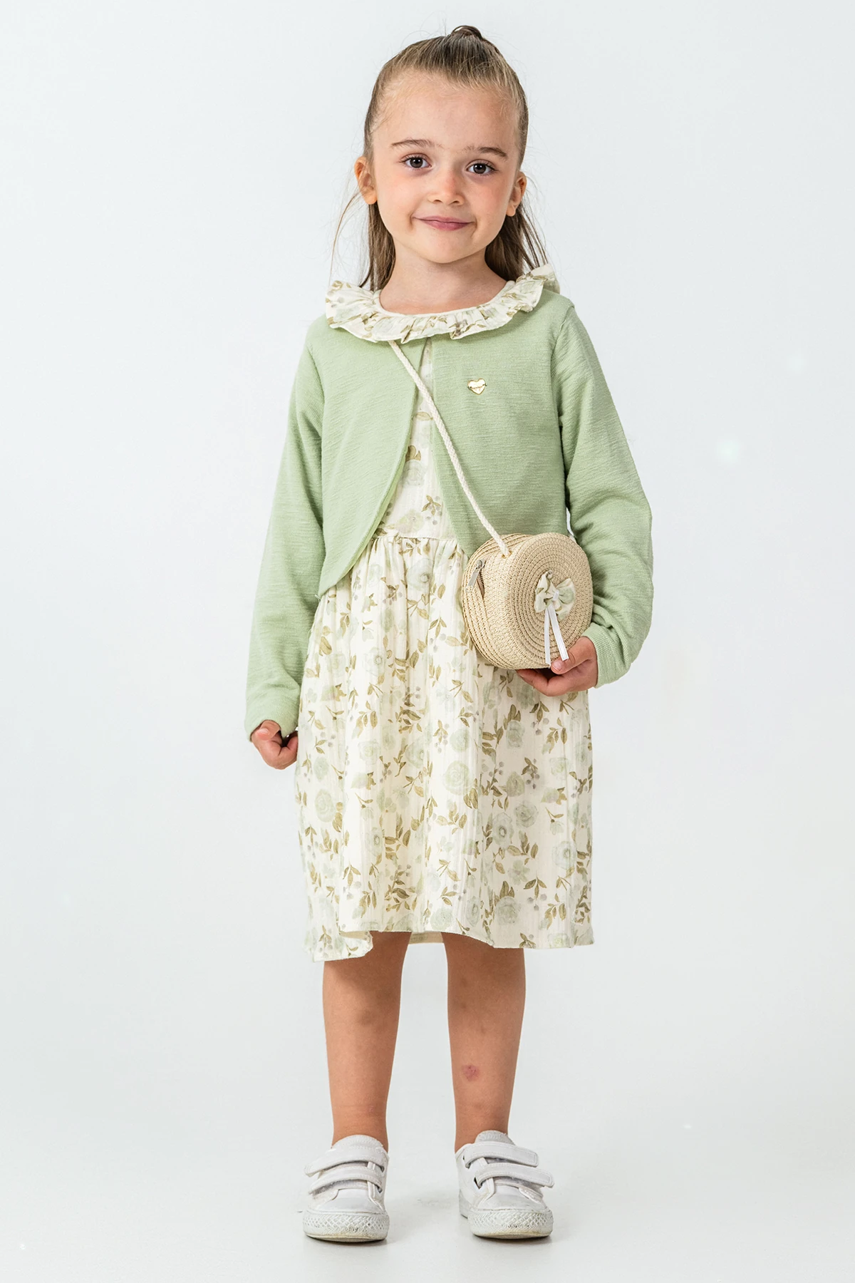 Gül Detaylı Hırkalı Kız Çocuk 3'lü Takım - 26K 7271 - Yeşil