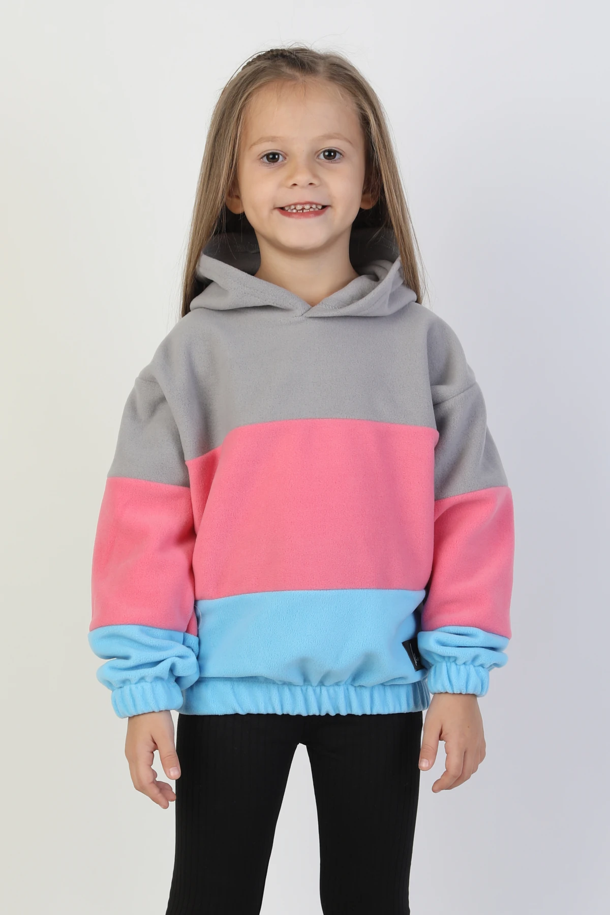 Kapüşonlu Lastikli Çocuk Polar Sweatshirt - 26K 4491 - Gri Pembe