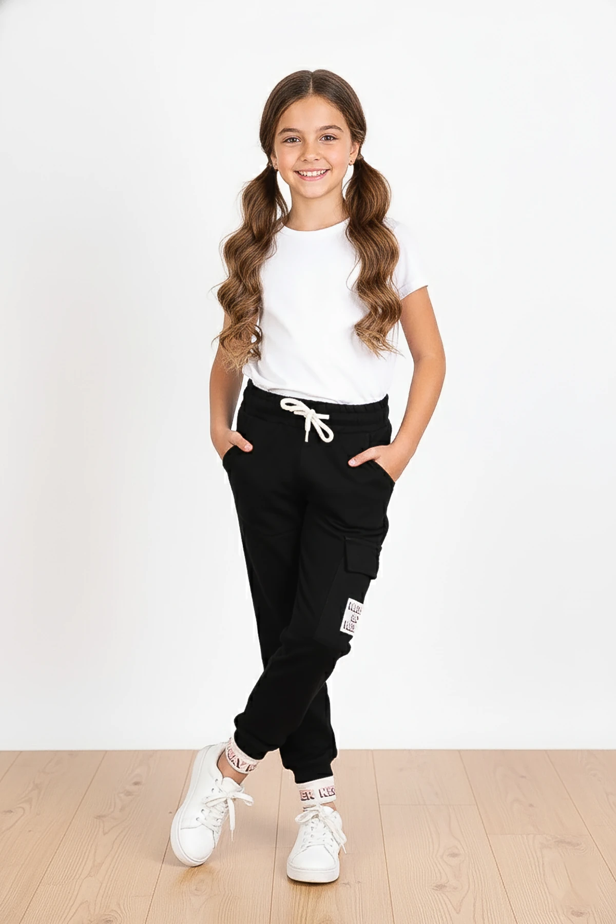 Kargo Cepli Baskılı Kız Çocuk Eşofman Altı - 26K 5180 - Siyah