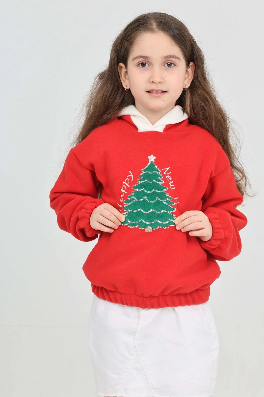 Kapüşonlu Yılbaşı Noel Temalı Çocuk Polar Sweatshirt - 26K 9012 - Ağaç