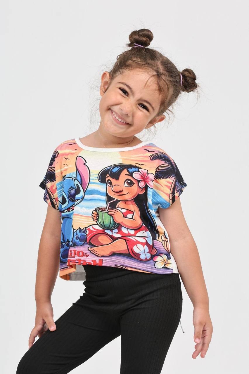 Düşük Kol Lilo Stitch Dijital Baskı Tshirt - 6632