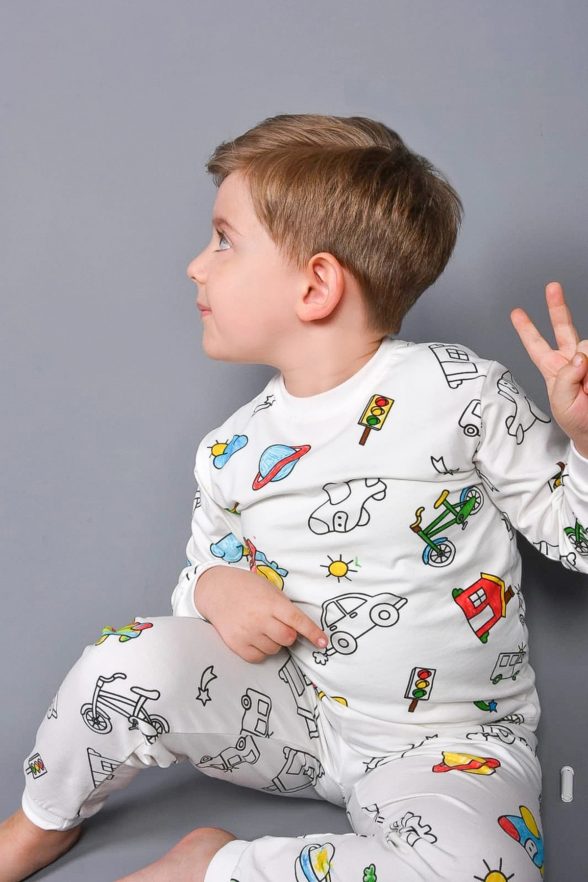 Boyanabilir Uzun Kollu Çocuk Pijama Takımı - 26K 3090 - Arabalı