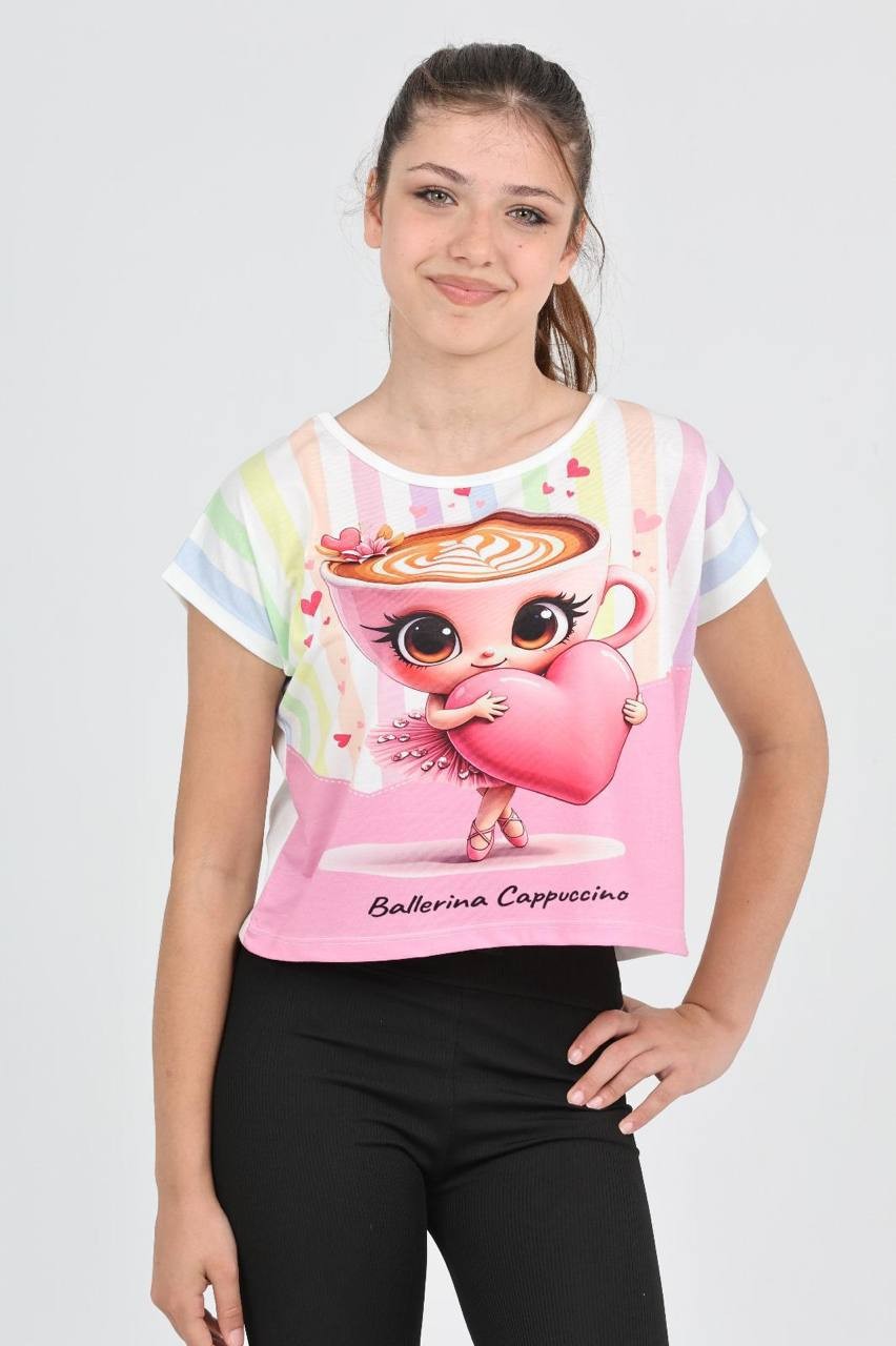 Düşük Kol Ballerina Cappucino Dijital Baskı Tshirt - 6632
