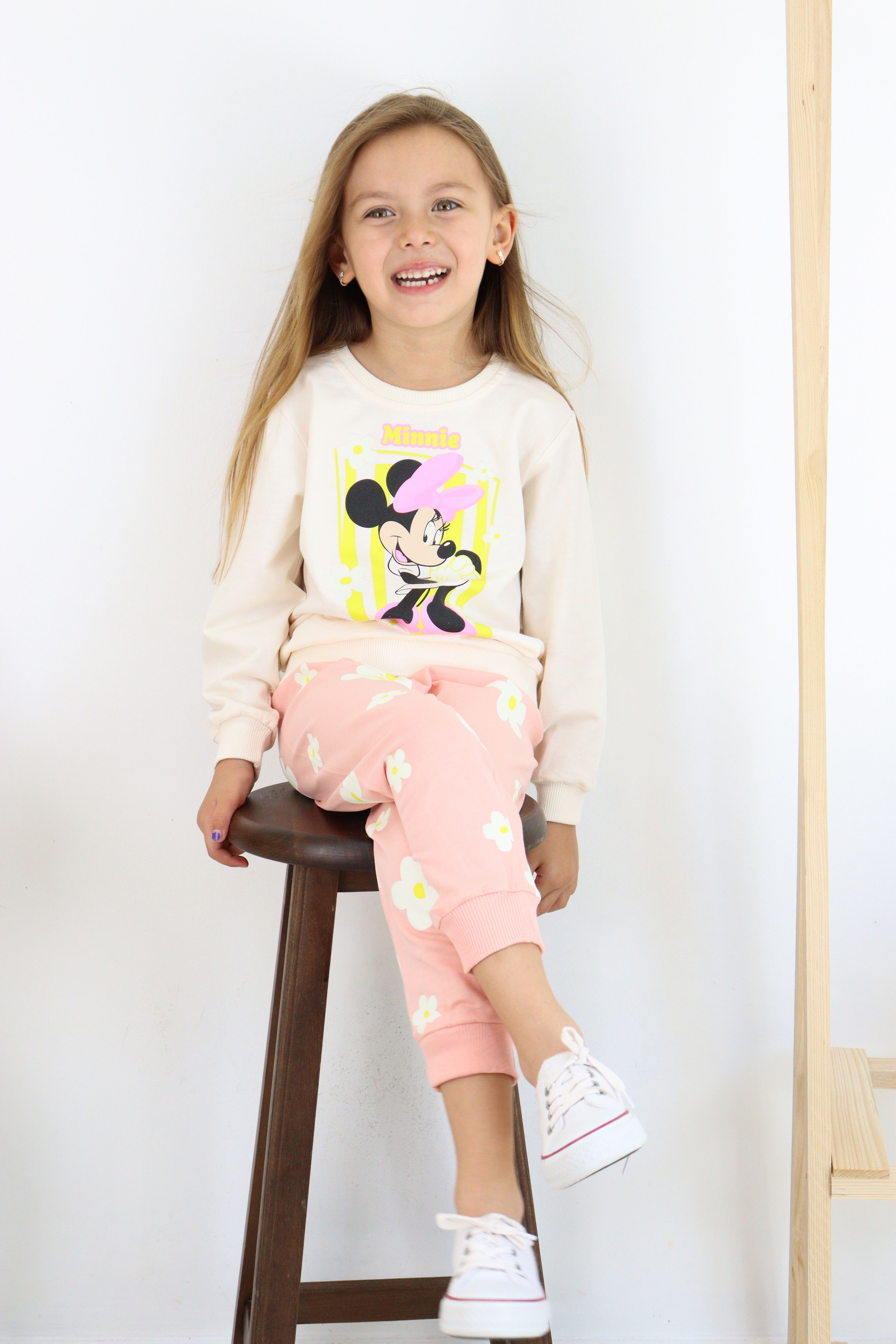 ZRA-0271-0272 Kurdelalı Minnie Mouse Baskılı Alt Üst Takım - Pudra